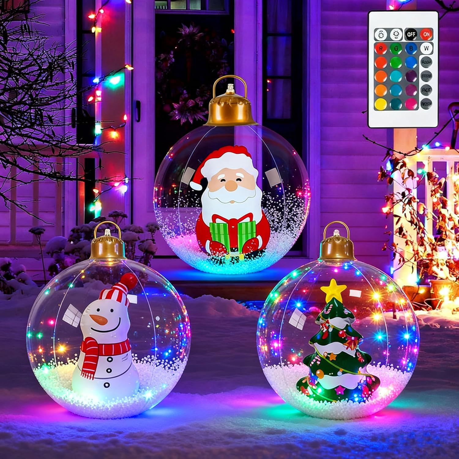 Starnearby Boule de Noel Géante Gonflable 60cm, Grosse Boule de Noël Lumineuse, Boule de Noël Gonflable en PVC étanche avec Télécommande, Décoration de Fête (3PCS)