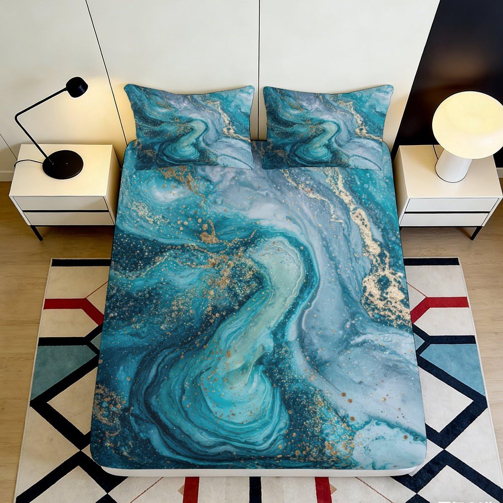 3D Printed Ocean Marble Fitted Sheet Microfiber Blue Gold Swirl Mattress Cover for Bedroom Dorm Decor Protection 90x200x25cm