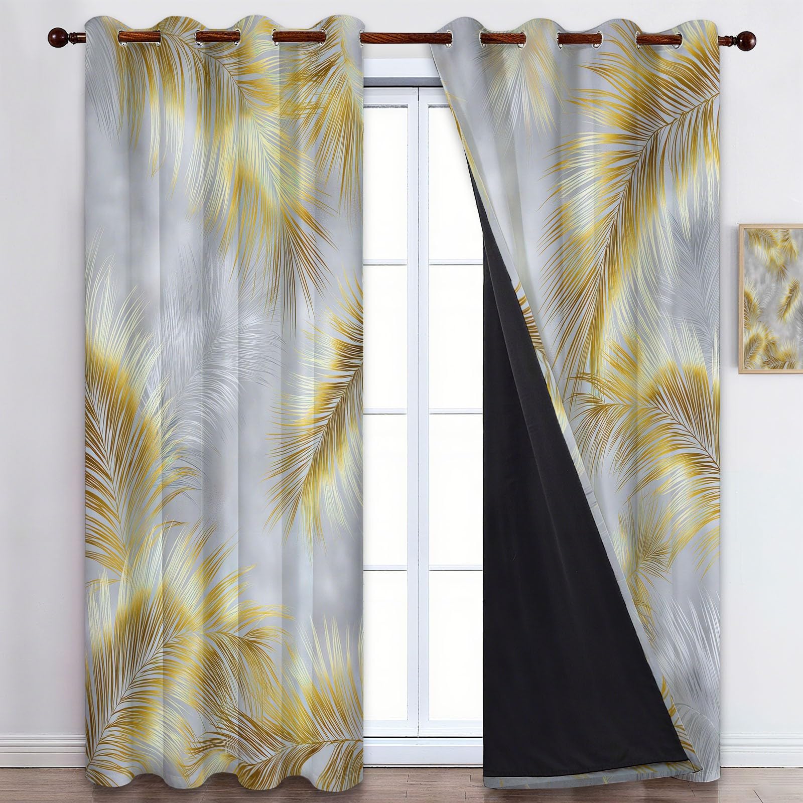 Blickdichte Vorhänge mit Ösen Palmenblätter mit grauem Marmor, Thermovorhang 2er Set 215 x 110 cm Verdunklungsvorhänge mit Kälte - Schallschutz für Wohnzimmer Schlafzimmer, Gardinen