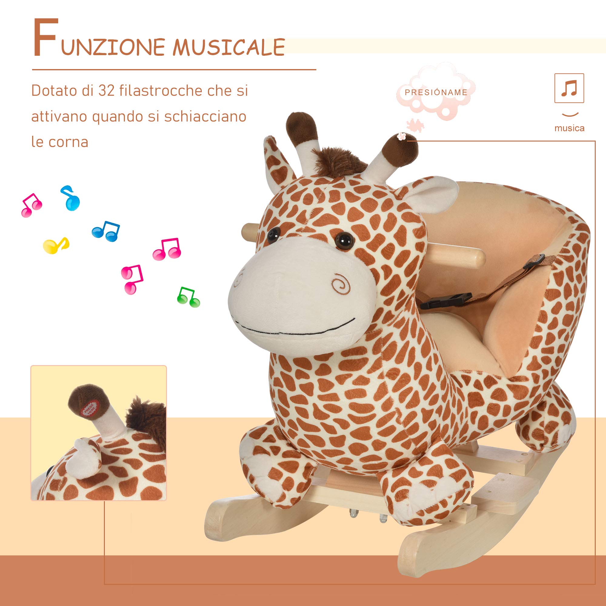HOMCOM Cavallo a Dondolo in Legno Giraffa per i Bambini 60x33x45cm