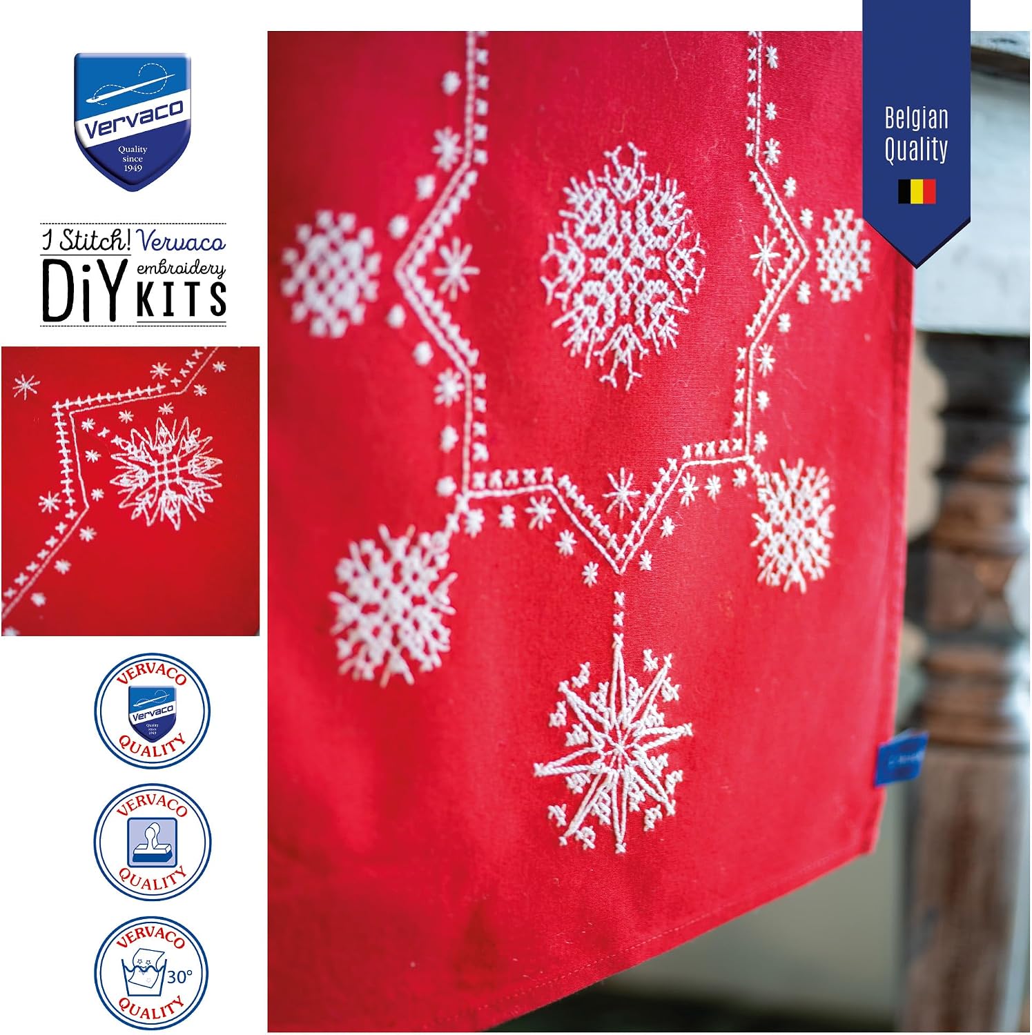 Vervaco Stamped Cross Stitch Table Runner Kit for Christmas Snowflake Aesthetic Holiday Embroidery Set ca. 12" x 42" DIY Home Decor Art and Craft Supply Creative Gift for Crafters
