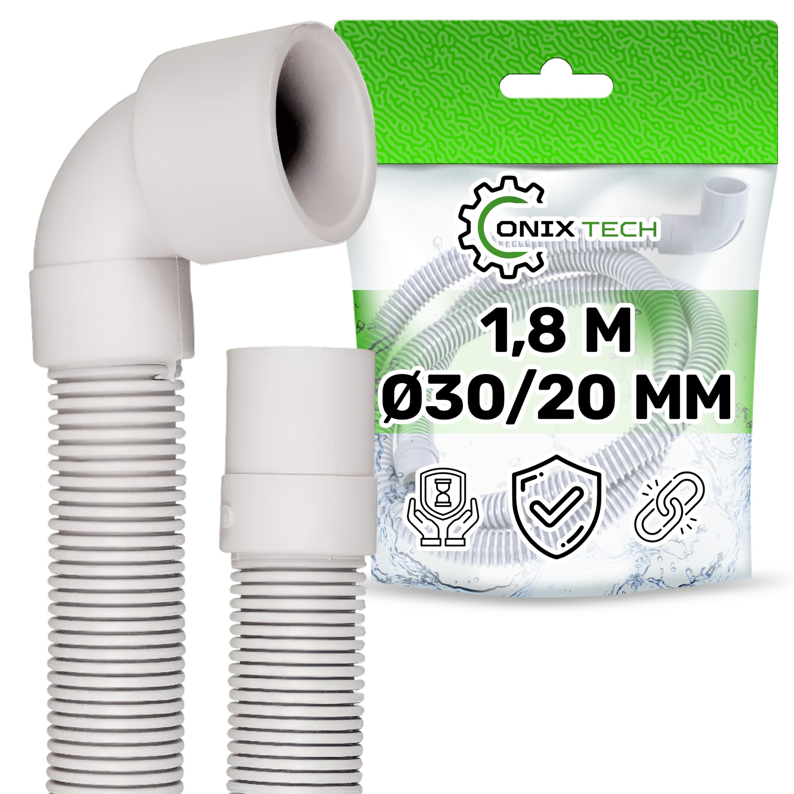 Ablaufschlauch Waschmaschine und Spülmaschine 1,8 m Ø 20/30 mm Gerade und Gewinkelt 90° - Garantie 5 Jahre - ONIX TECH