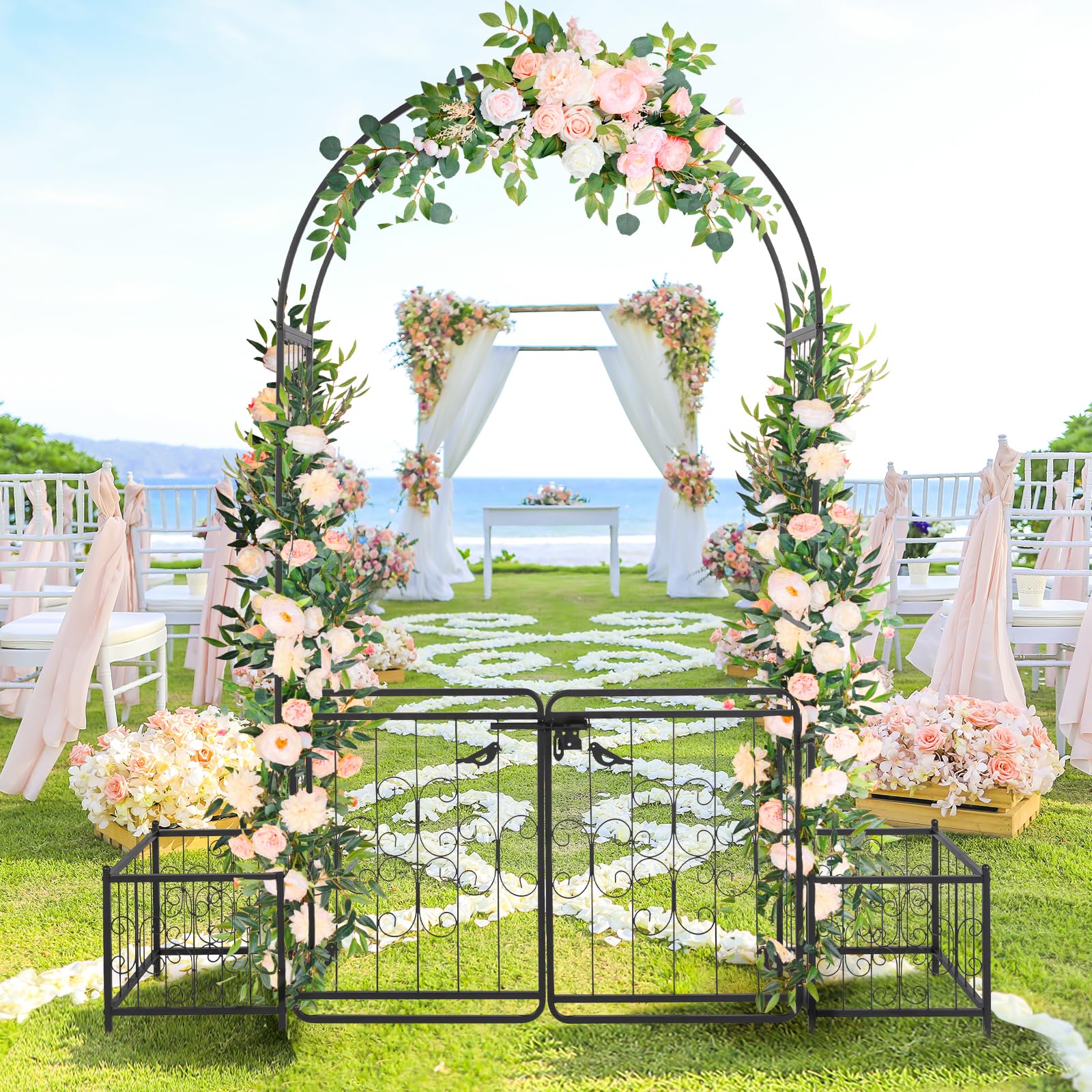 Garden Arbor with Gate and Planter, 7FT Wedding Arches for Ceremony, Metal Arbor Trellis for Climbing Plants Outdoor, Black Garden Archway for Lawn, Patio and Backyard, Includes Ground Stakes