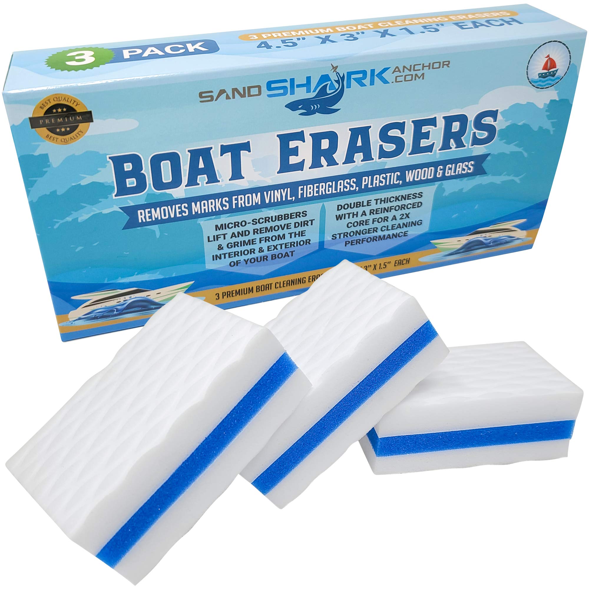 SAND SHARK SANDSHARKANCHOR.COM Premium Boat Erasers 3 Pack Removes Scuffs Marks Dirt & Grime Magically from Fiberglass Gelcoat Plastic Vinyl Great Gift Idea