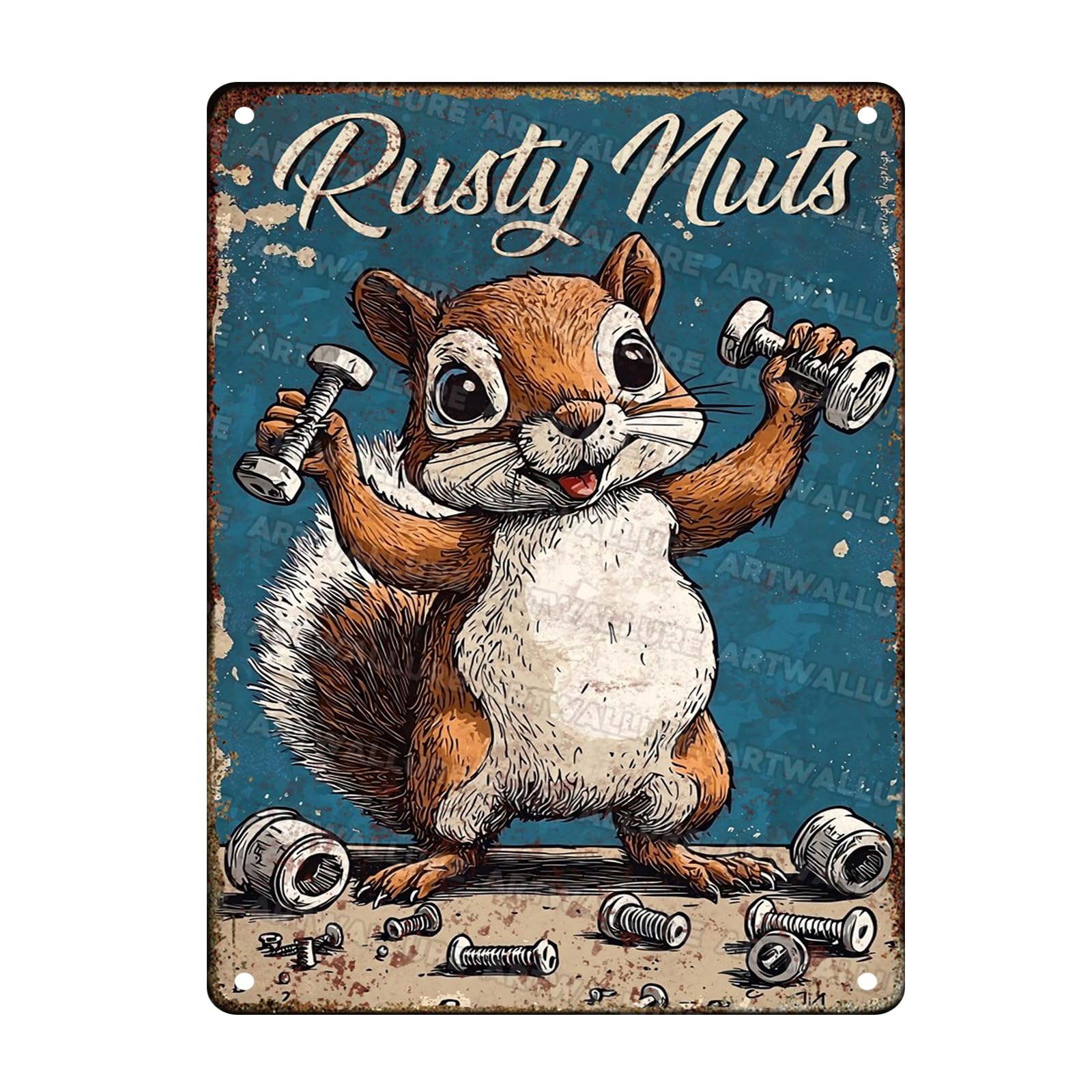 Squirrel Vintage Sign Rusty Nuts Squirrel Mechanic Metal Tin Sign for Man Cave Garden Shed Bar Bedroom Home Kitchen Gate Decor 12x16inch