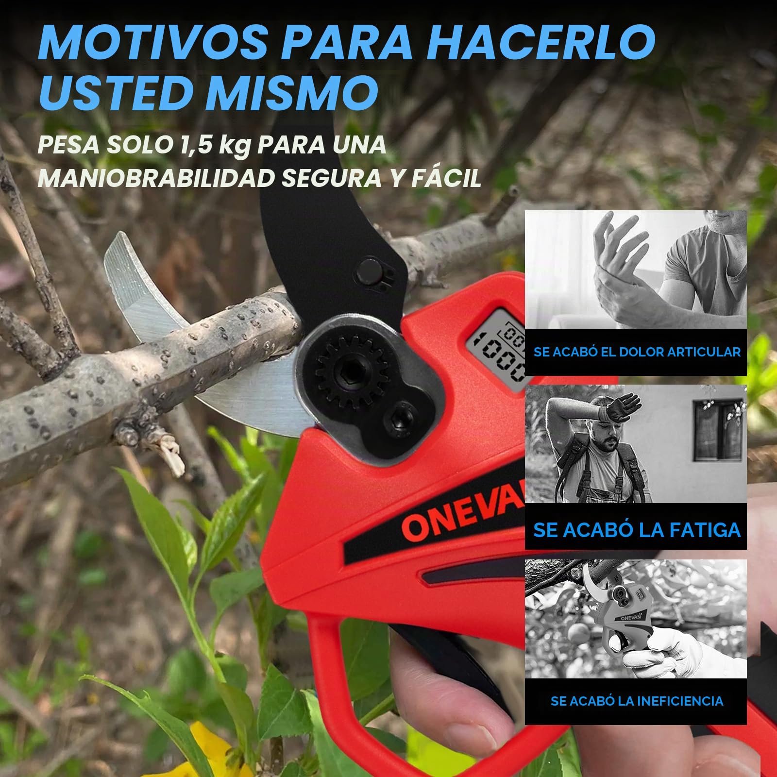 ONEVAN podadora electrica bateria, diámetro de corte de 45 mm, tijeras de podar electricas con 2 baterías de 2,0 Ah, sin escobillas, pantalla LCD, tesoura de podar para jardines