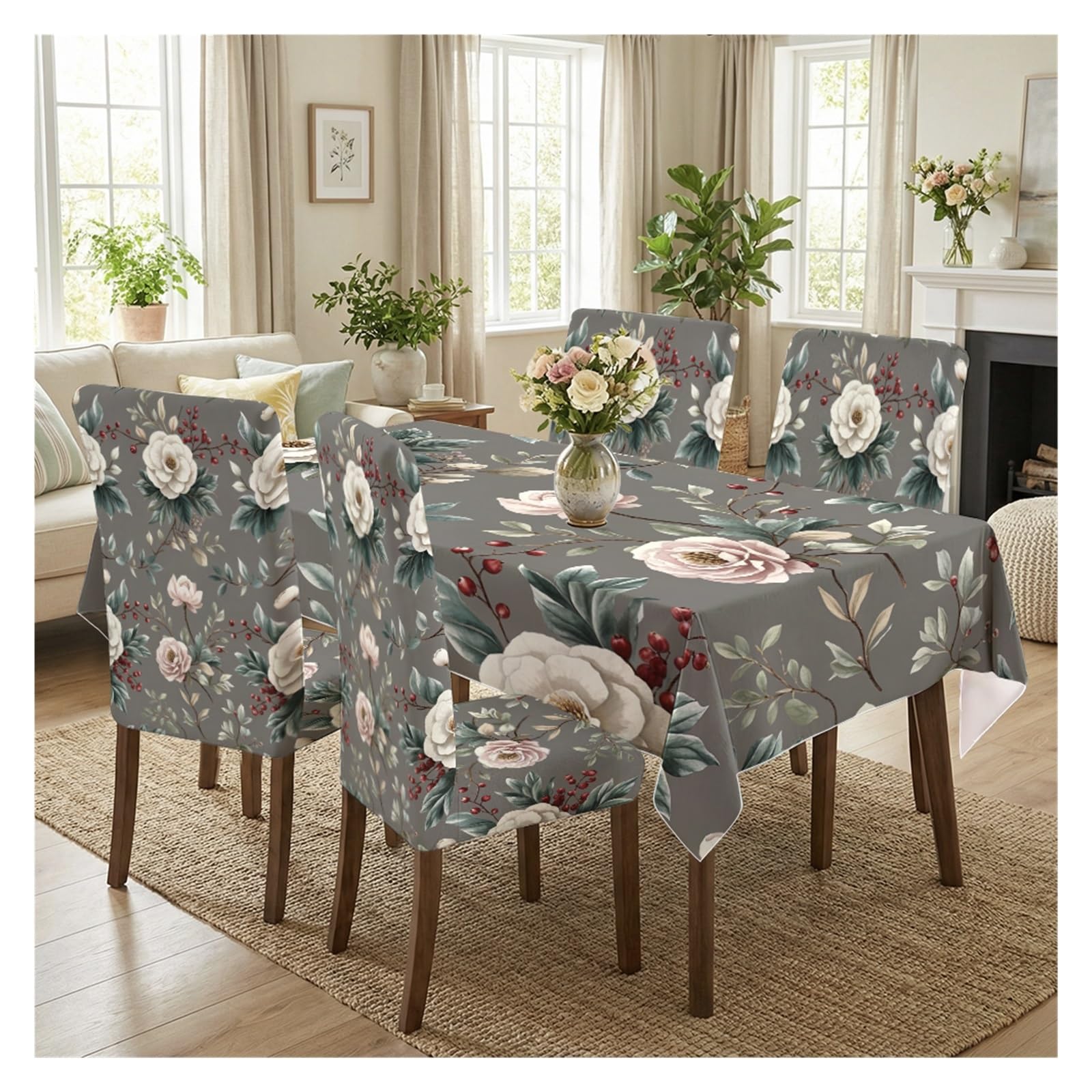 BOSUYBN Dark Grey Vintage White Floral Dining Tablecloth & Chair Covers Set, 5/7 Piece Elegant Moody Botanical Home Decor Table Setting(5pcs Set: Tablecloth+Chair Covers)