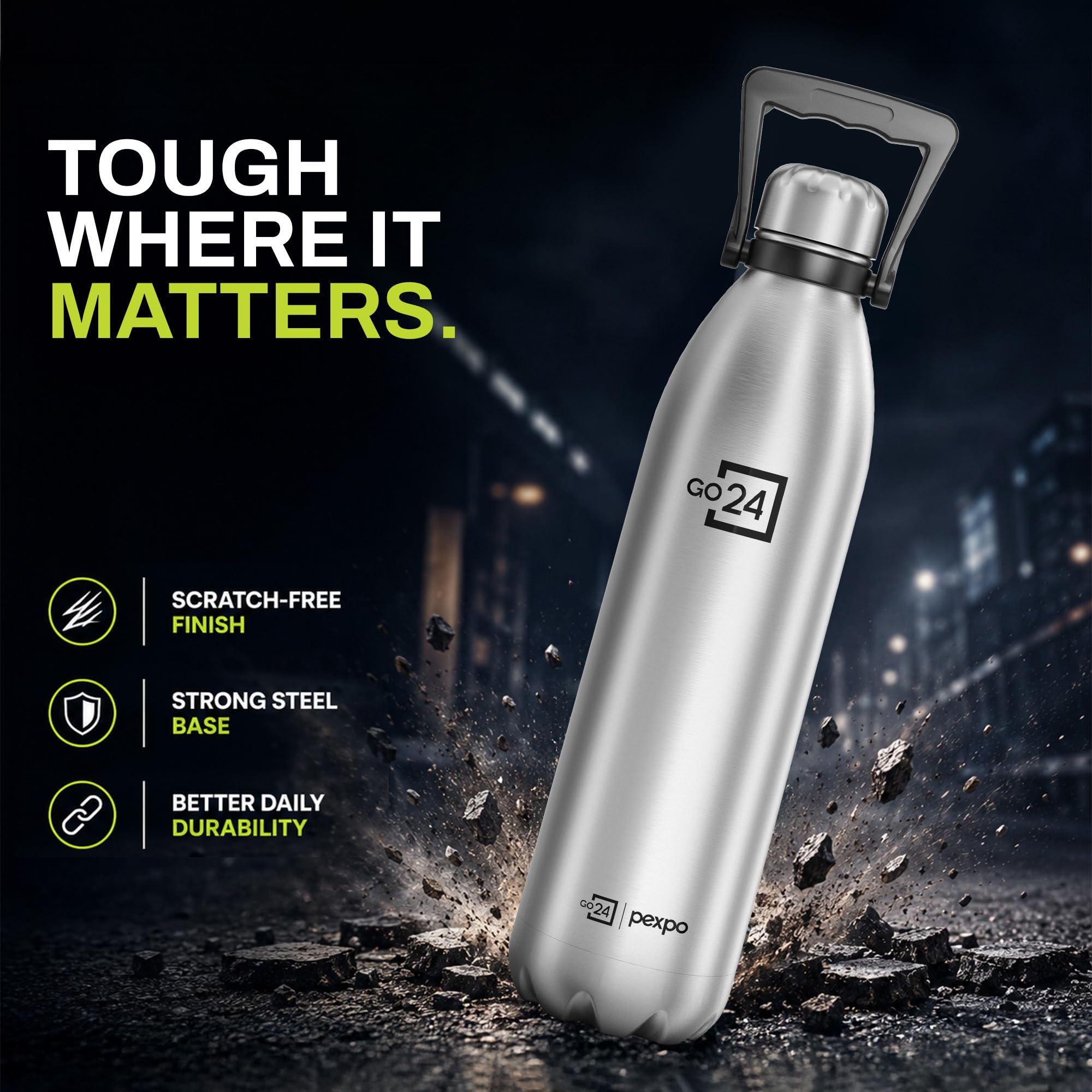 Go24 pexpo Echo Pro ISI Certified Stainless Steel Water Bottle 2000ml Hot & Cold Thermos Water Bottle | Vacuum Insulated Water Bottle with Handle | Travel | Adults - Silver — Amazon image 3