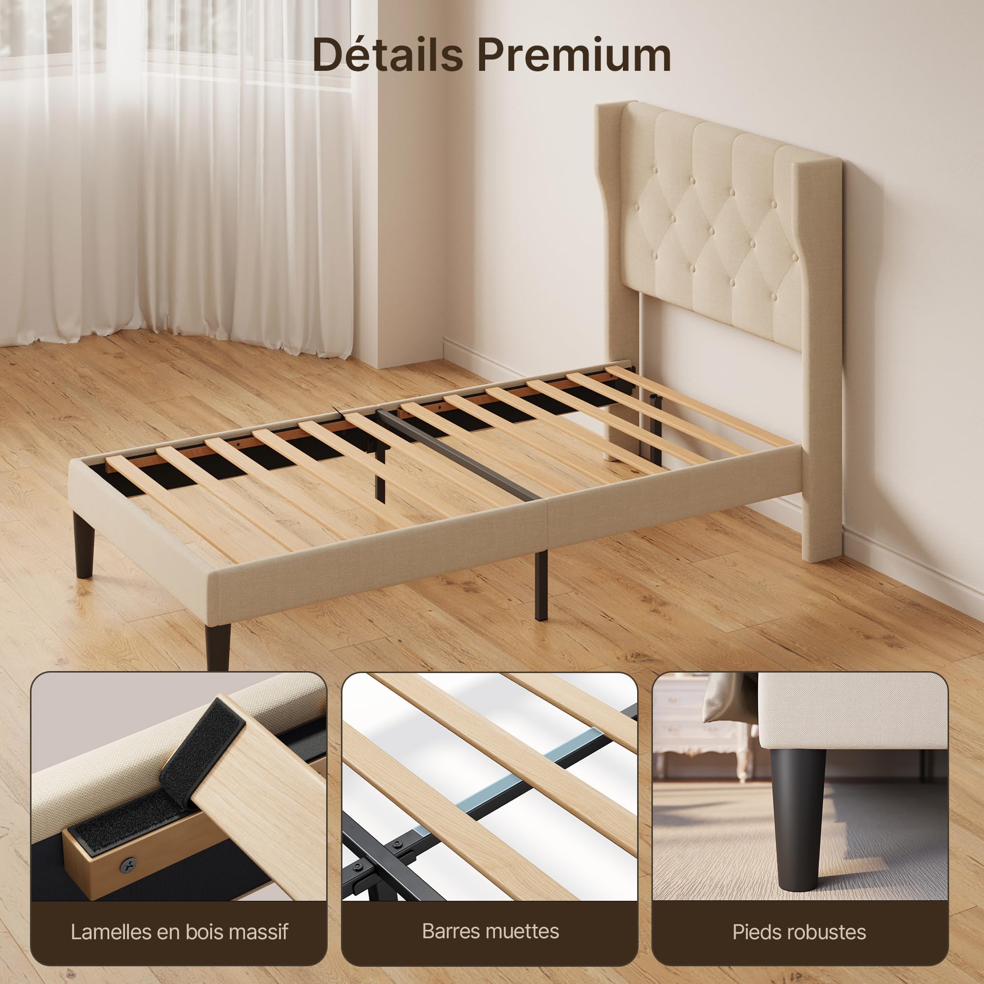 Xbro Lit Rembourré 90 x 200 cm,Forme Rembourré avec Support de Lattes en Bois,Lit Simple,Facile à Assembler et Stable,20 cm de Rangement,Beige