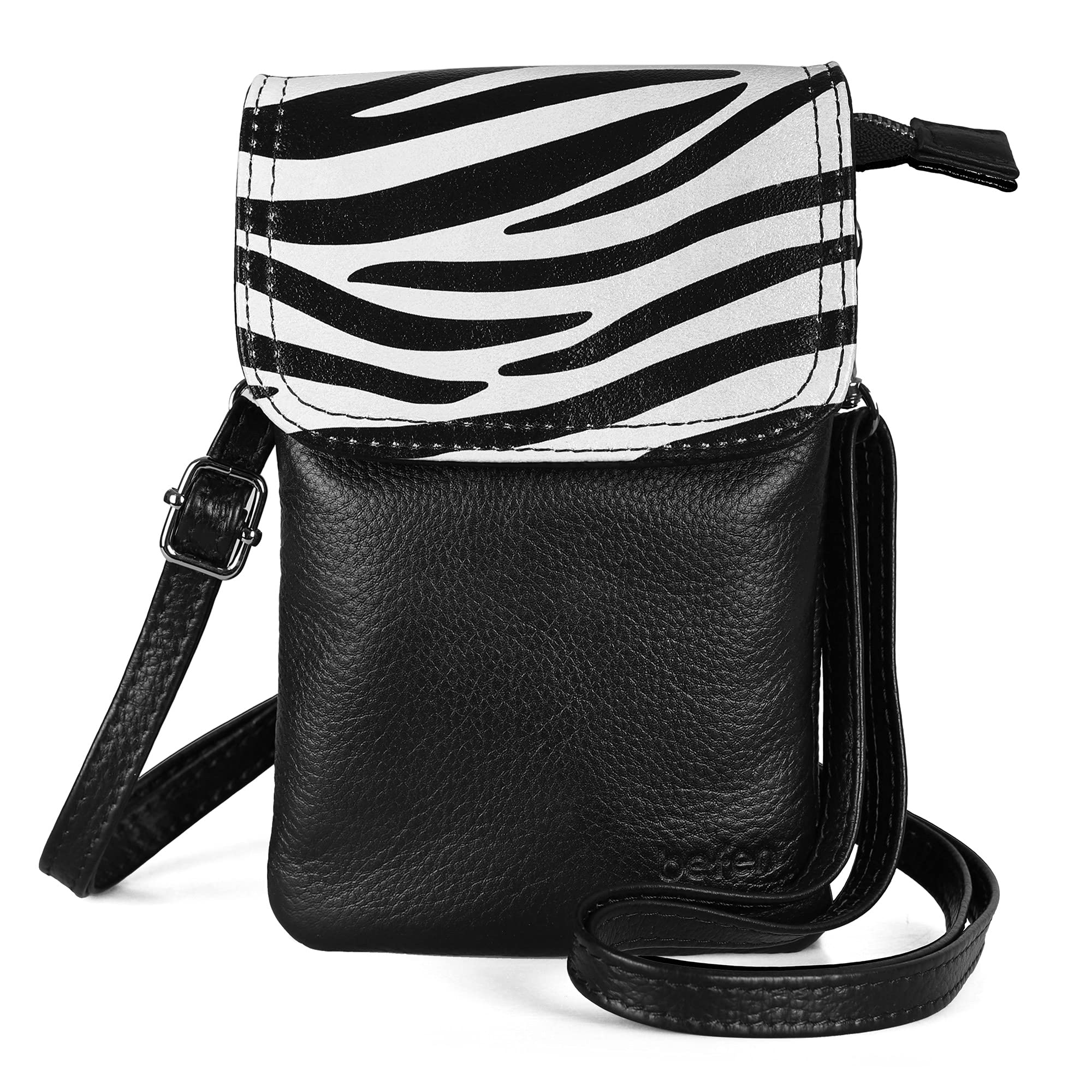 befen Genuine Full Grain Leather Small Cell Phone Crossbody Wallet Purse Bags for Women with Key Ring (Zebra)