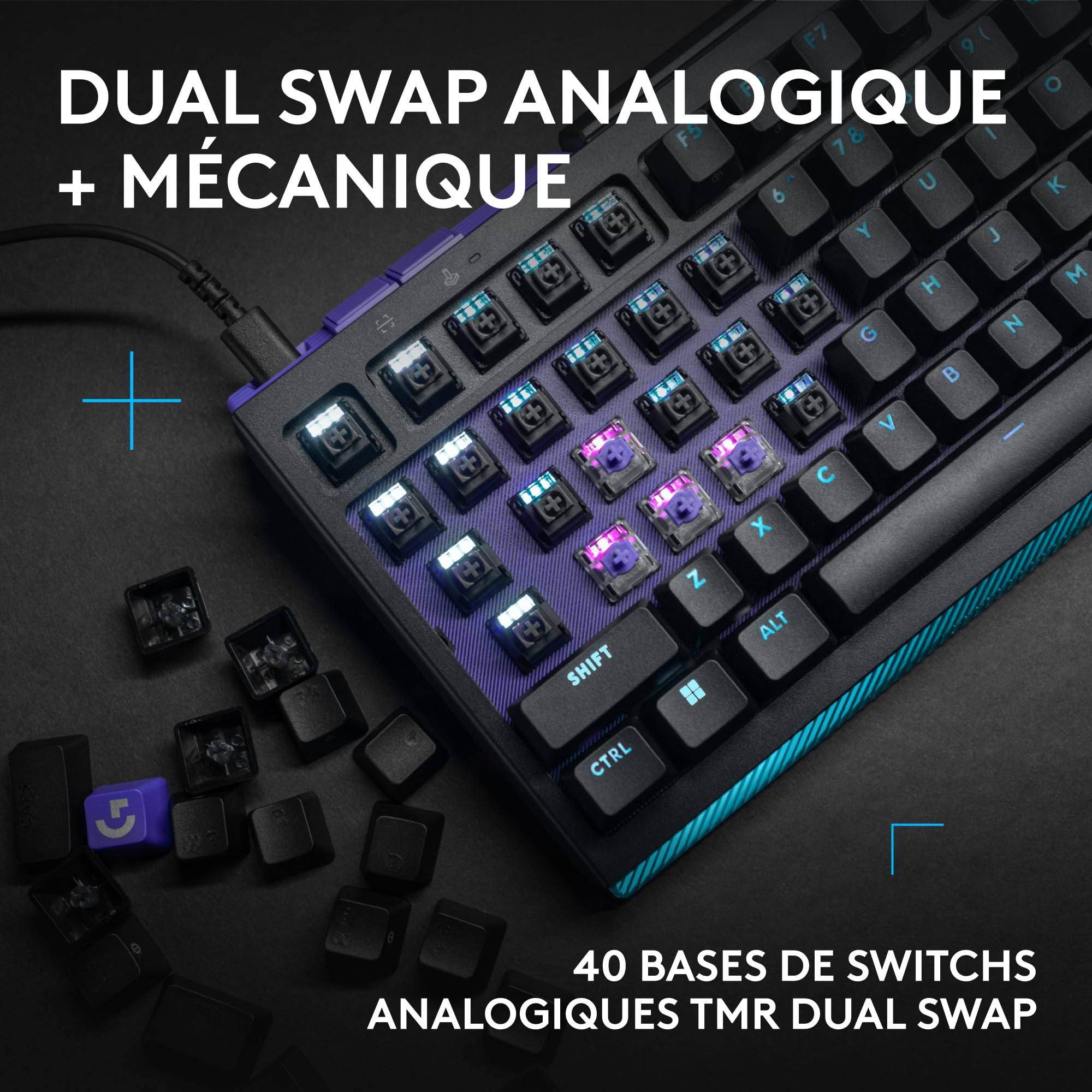 Logitech G G512 X 98 Dual Swap, Clavier Gaming TMR analogique/mécanique à switchs échangeables, taux d'interrogation 8K, déclenchement Rapide, RVB LIGHTSYNC, Filaire, PC, Mac, Français AZERTY - Noir