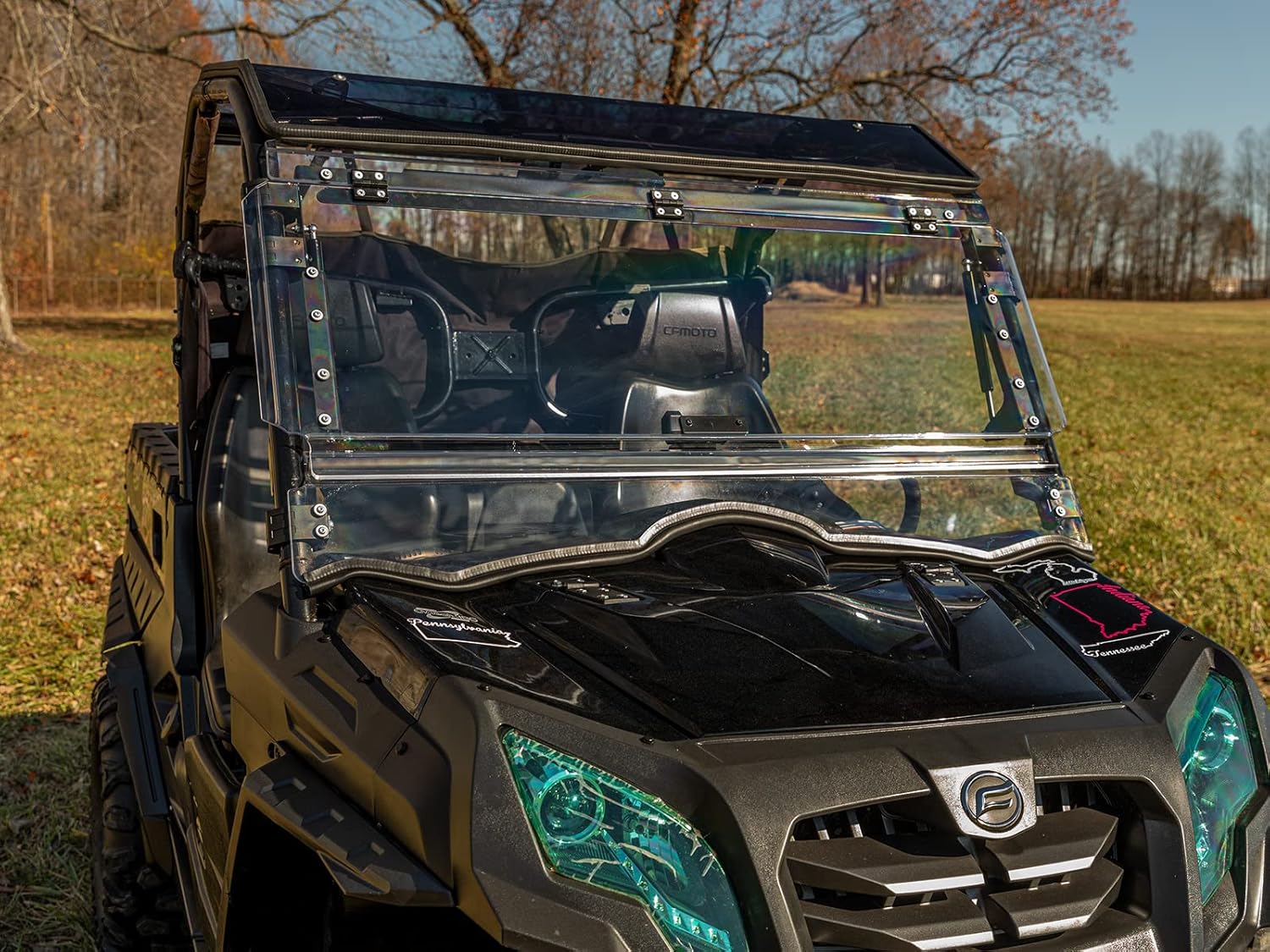 SuperATV Scratch Resistant Flip Windshield for 2014-2022 CFMOTO UForce 800, Made of 1/4" Hard Coated Polycarbonate, Comes Preassembled, Can be Closed, Vented, or Fully Open, USA Made