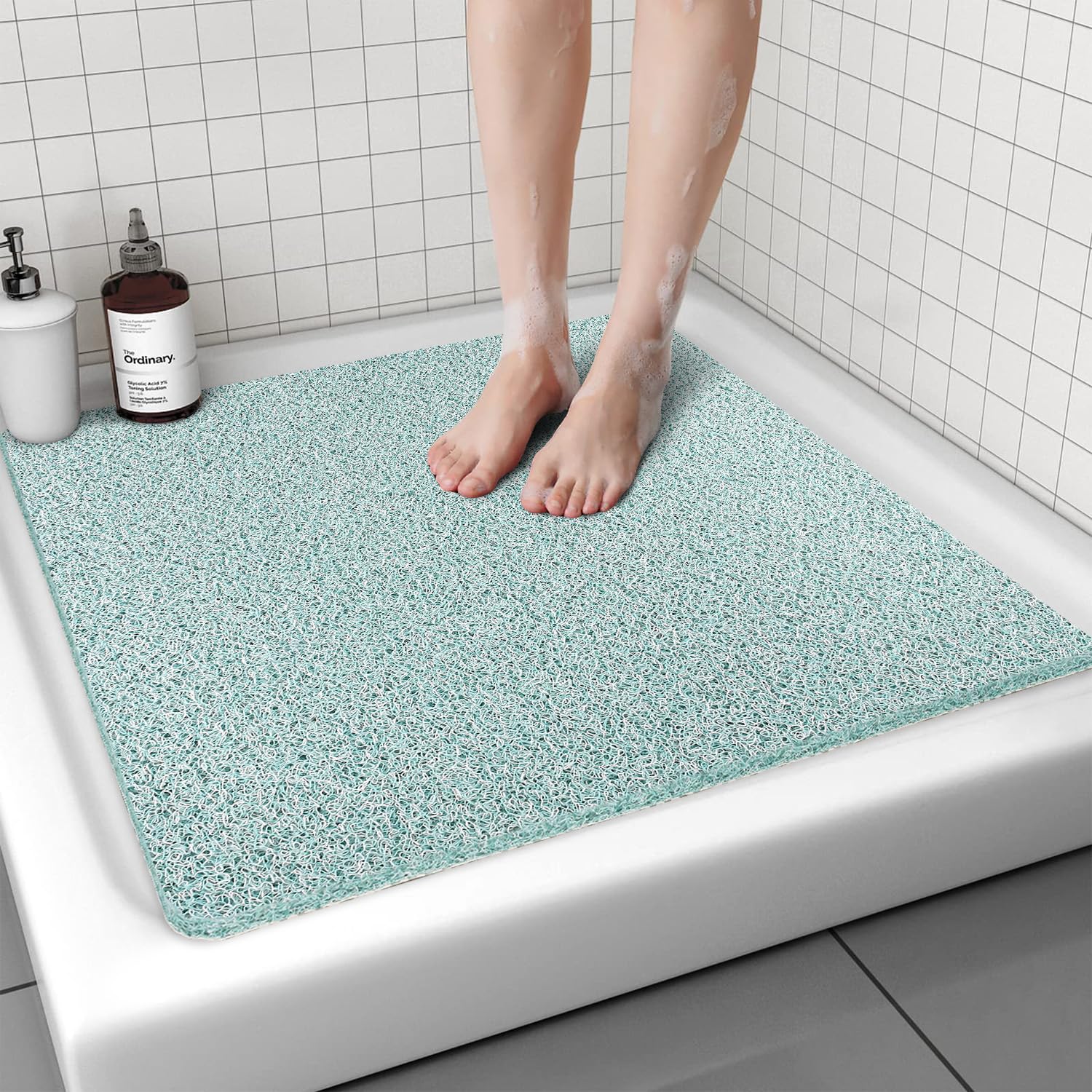 Lurowo Loofah Shower Mat, Non Slip Square Shower Mats (Green,70x70cm)