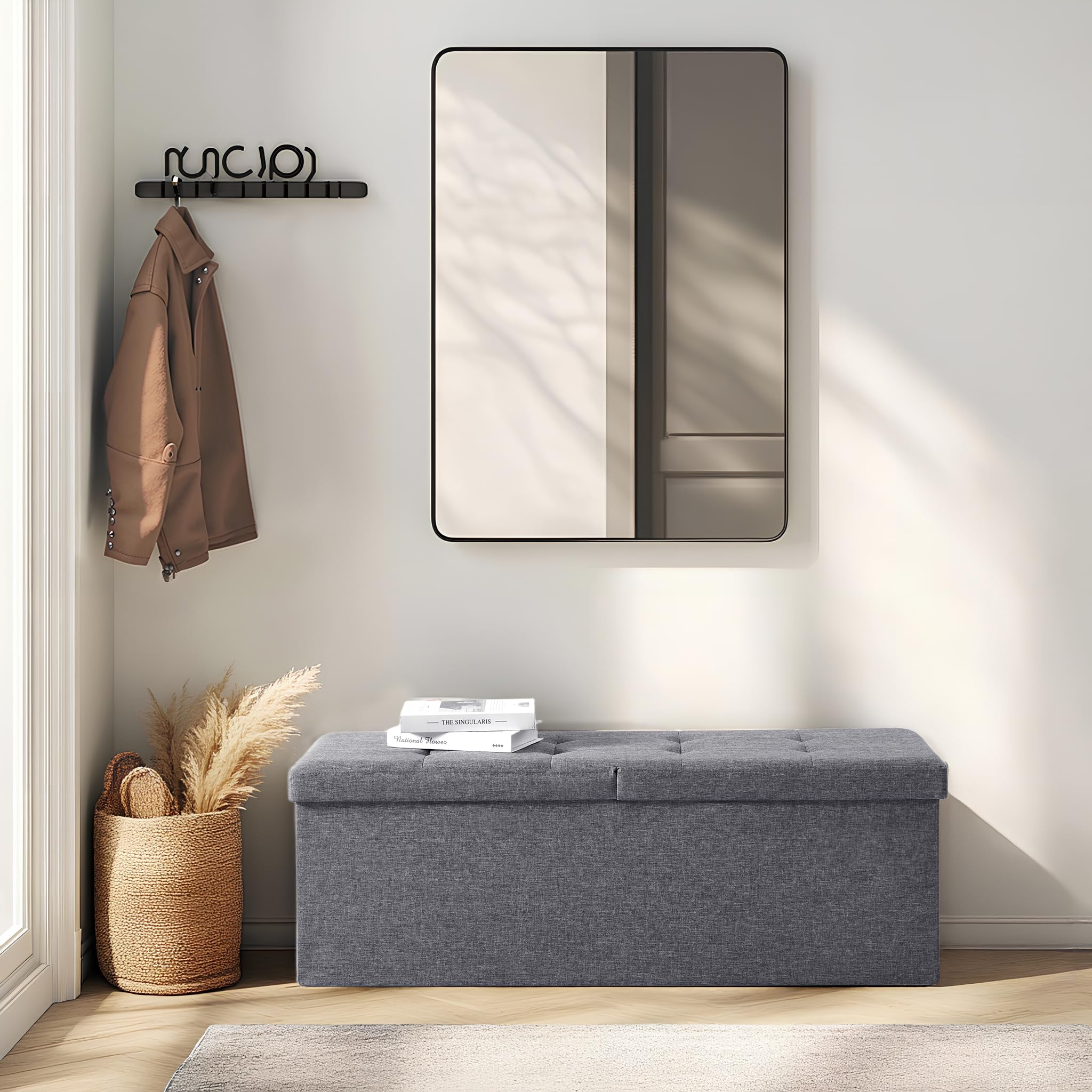 Zedelmaier Sitzbank mit Stauraum, Sitzhocker Faltbar Sitztruhe belastbar bis 300 kg, Deckel klappbar, klappbare Sitztruhe für Wohnzimmer, Flur, Schlafzimmer, 114x38x38 cm, Dunkelgrau