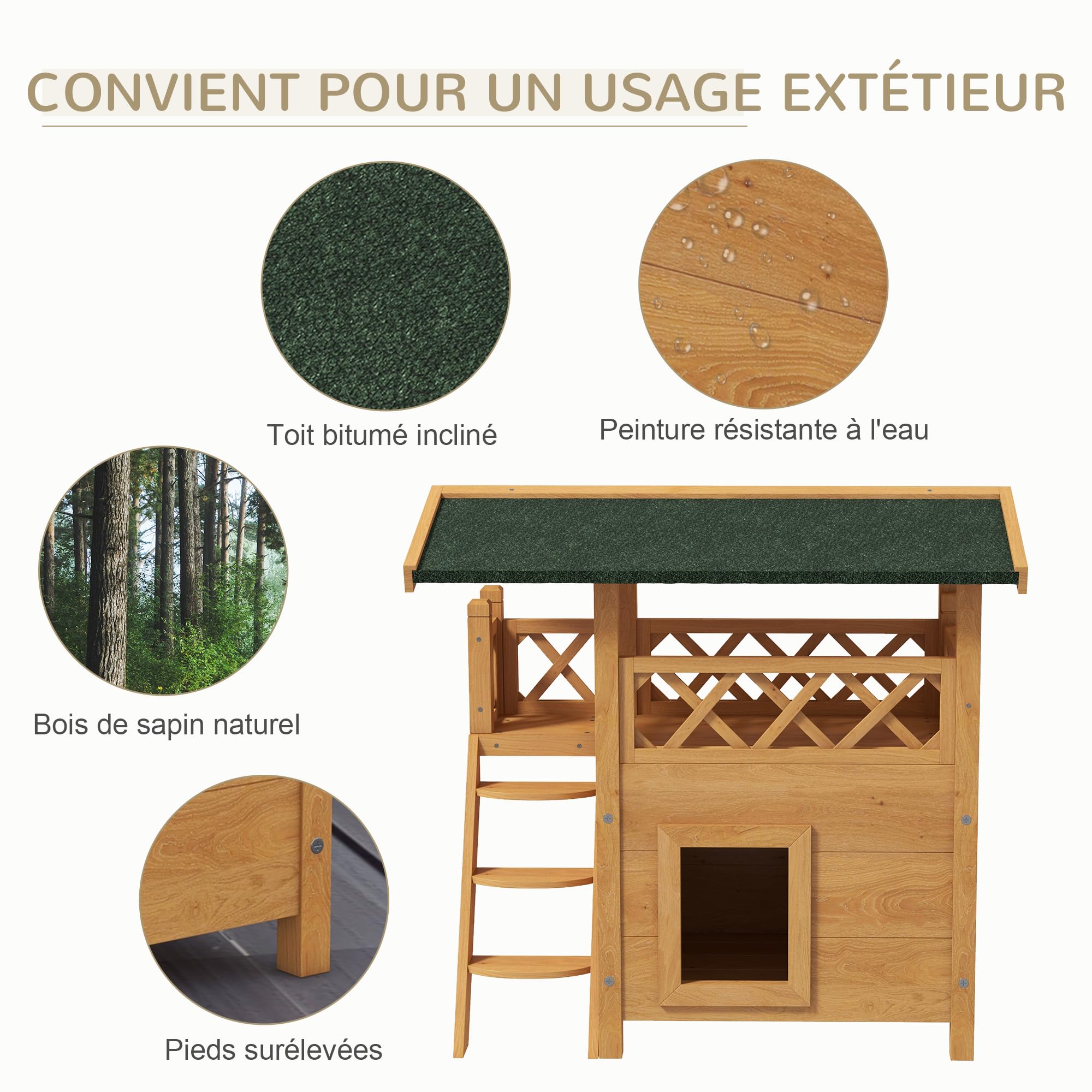 PawHut Maison Lodge pour Chats Sauvage errants - Niche Villa avec terrasse, escalier, Toit pour Chat - 77 x 50 x 73 cm - Bois Naturel et Vert