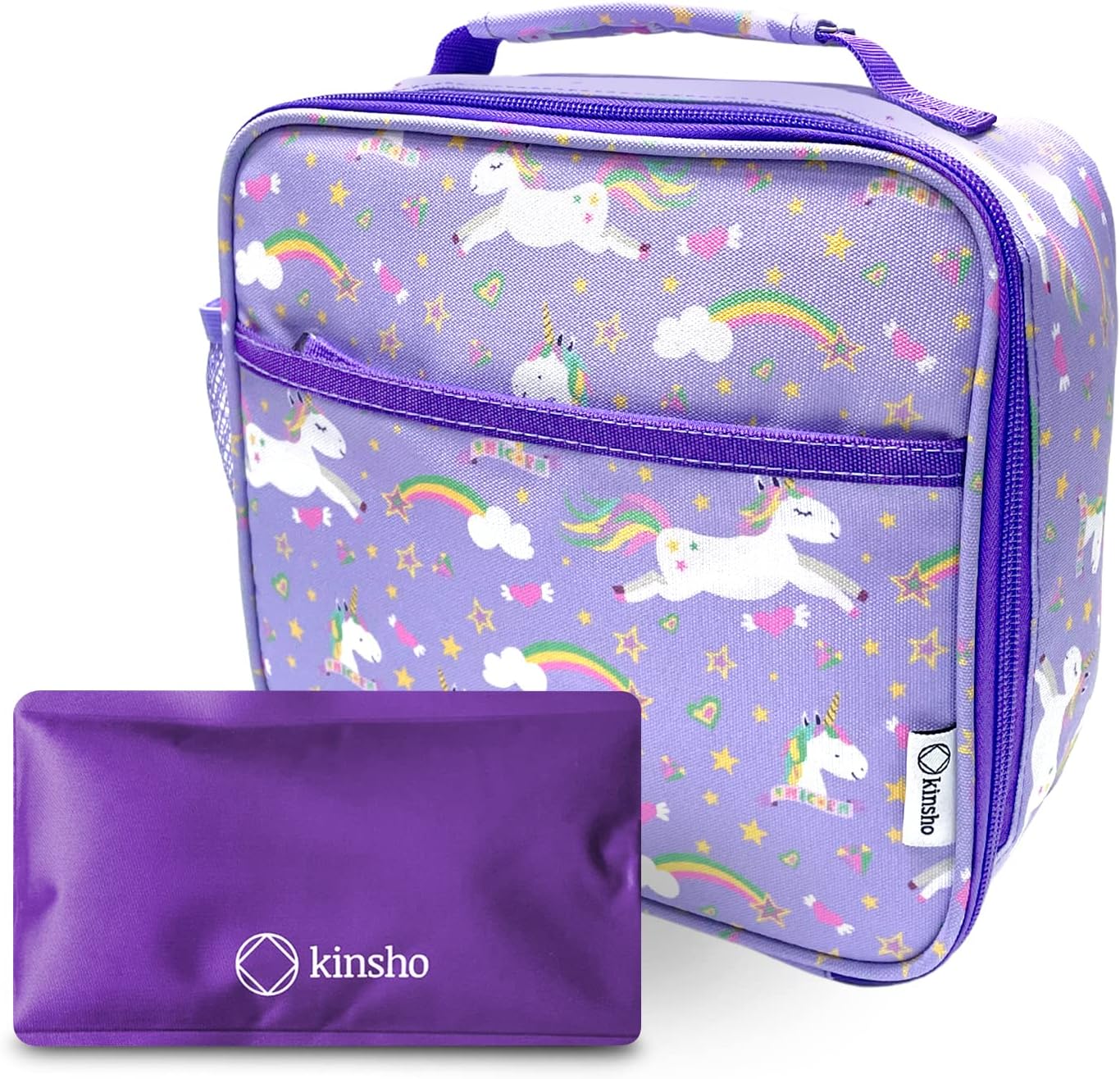 kinsho Bundle of Bento Lunch Box for Kids Toddlers Girls Ages 3 to 5, (Purple Unicorn) + Lunch Bag for Girls with Ice Pack (Purple Unicorn)