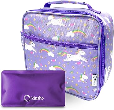 kinsho Lunch Bag For Girls With Ice Pack, Insulated Kids Lunch-Box For Toddlers Baby Girl Daycare Pre-School Kindergarten, Large Snack Container Boxes For Kid Lunches, Fits Bento, Purple Unicorn