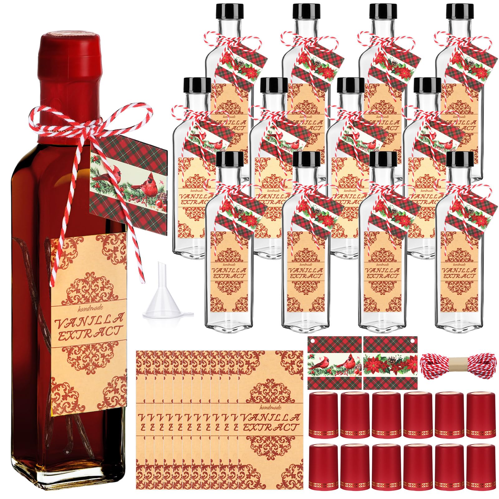 Tioncy Lot de 12 bouteilles d'extrait de vanille pour pot de vanille fait maison - 250 ml - Bouteille carrée pour sirop - Cadeaux avec bouchon rétractable - Étiquettes autocollantes - Sirop - Cadeau