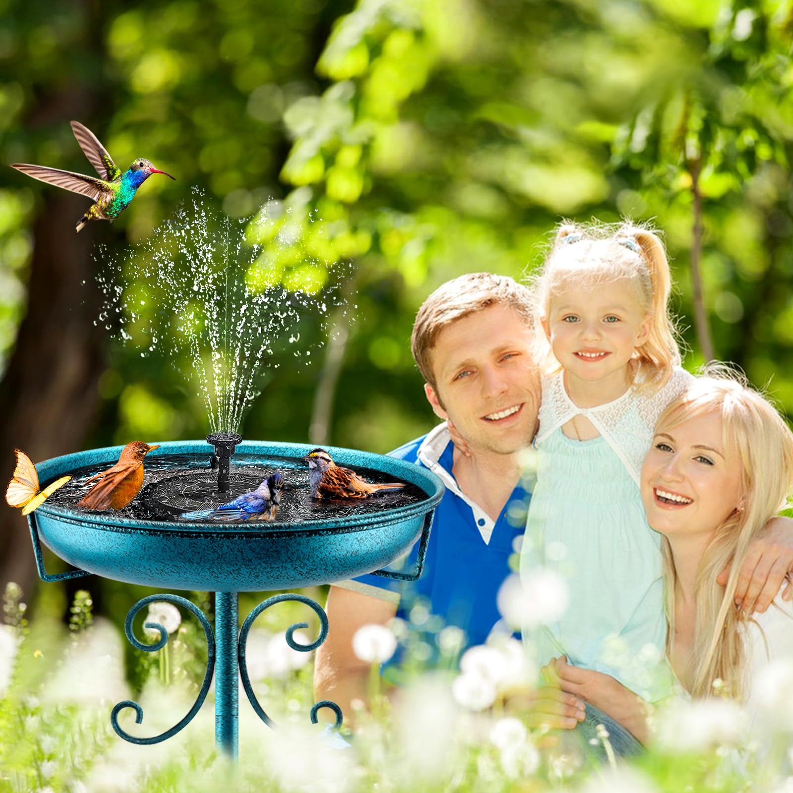 Daoeny Baño de metal para pájaros de 35 pulgadas para exteriores, bañeras para pájaros y comedero de pájaros, cuenco para exteriores, jardín, patio, decoración de césped, base mejorada de 5 puntas
