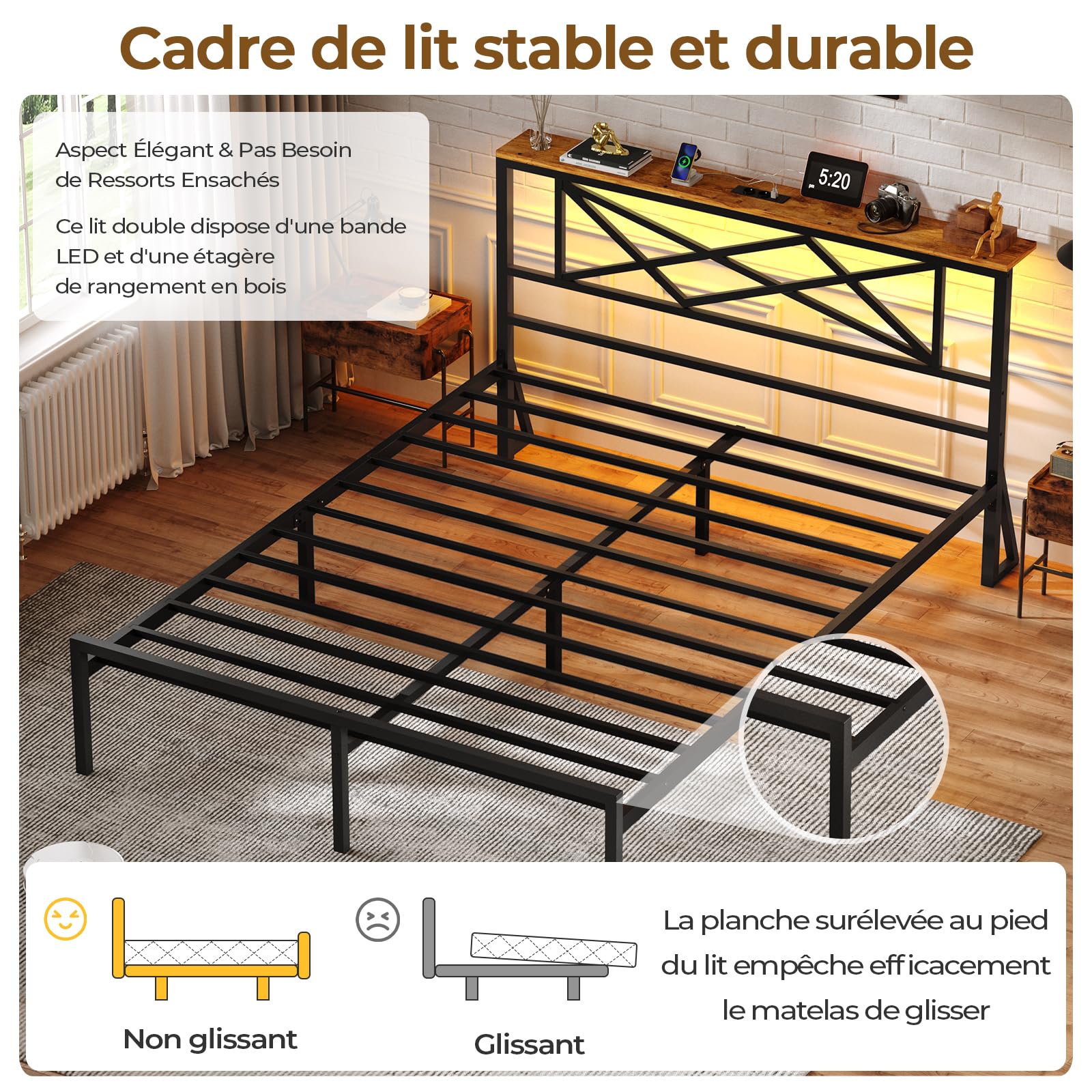 DICTAC Lit Double 140x190 en Métal, Lits avec tête LED et 2Ports USB et Prise de Courant, Cadre de lit sommier 140x190 en métal avec Étagères de Rangement, 32cm Espace de Rangement,Marron Vintage