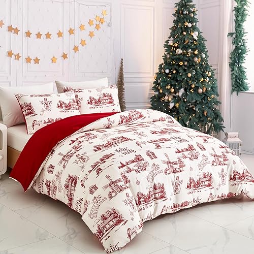 Miniatura 8 de Luxudecor Christmas Duvet Cover Set Queen Size 3 Pieces Red Yuletide Duvet Cover Hello Winter Pattern Bedding Set with Pillowcase for Christmas New
