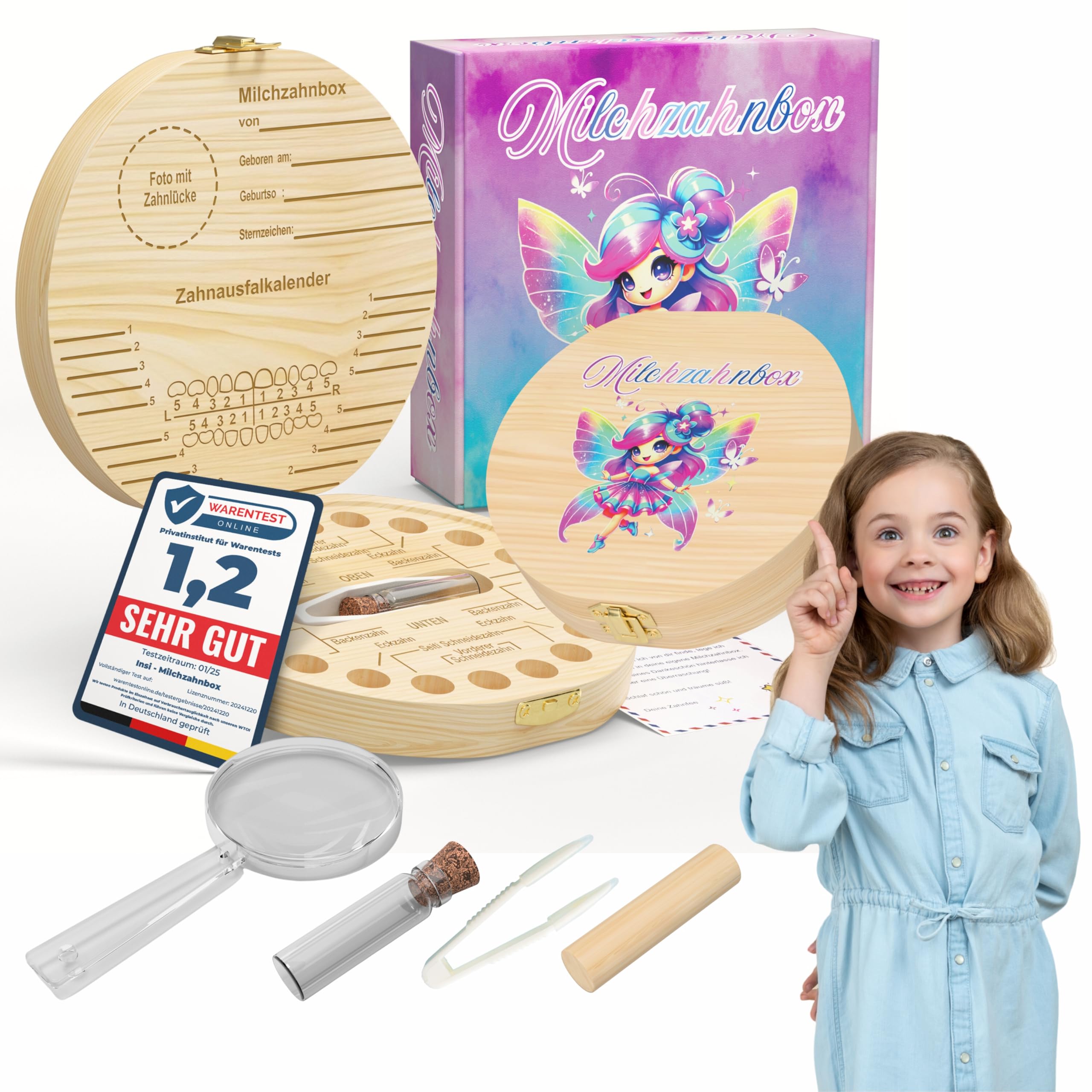 insi Kinderzahndose für Milchzähne. Personalisierbare Milchzahndose. Ink.Geschenkbox, Lupe und Zahnfeebrief. Zahndose als Geschenk für Kinder. (Pink-Blau)