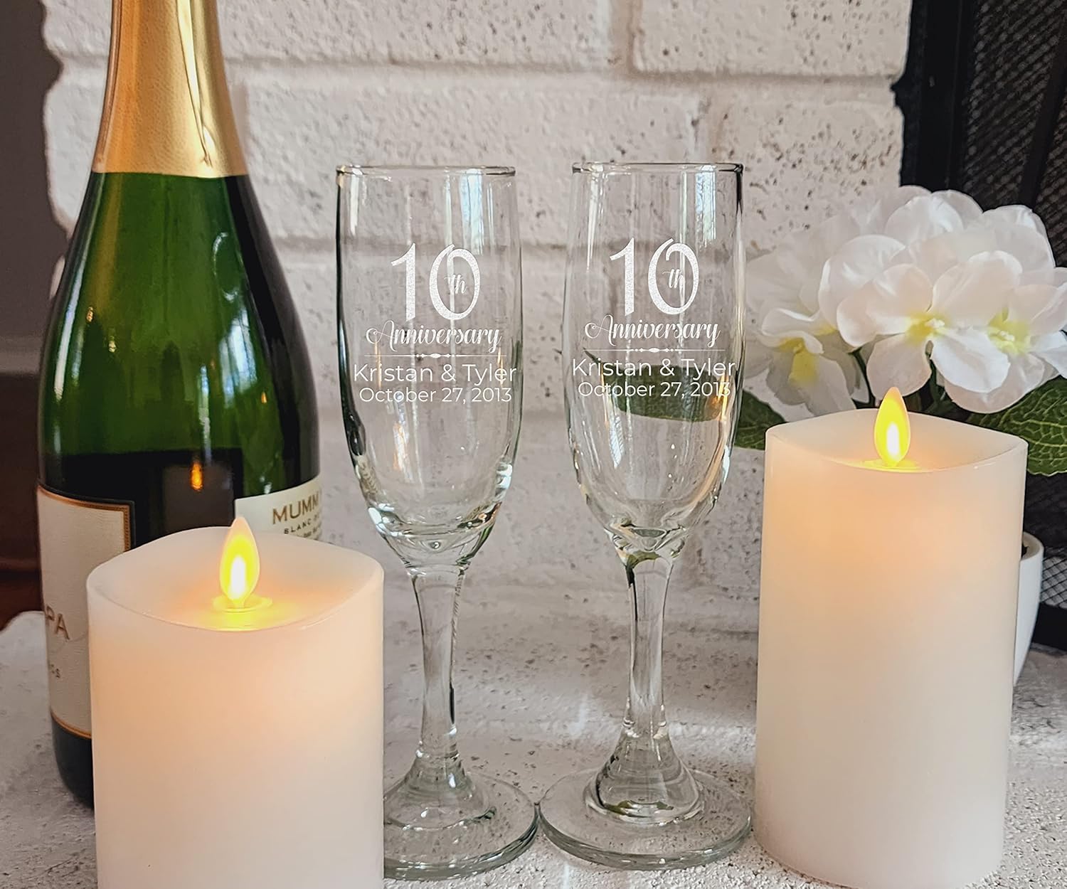 Custom Engraved Anniversary Champagne Flutes or Wine Glasses - Set of 2 - Personalized with Names and Date (Champagne)