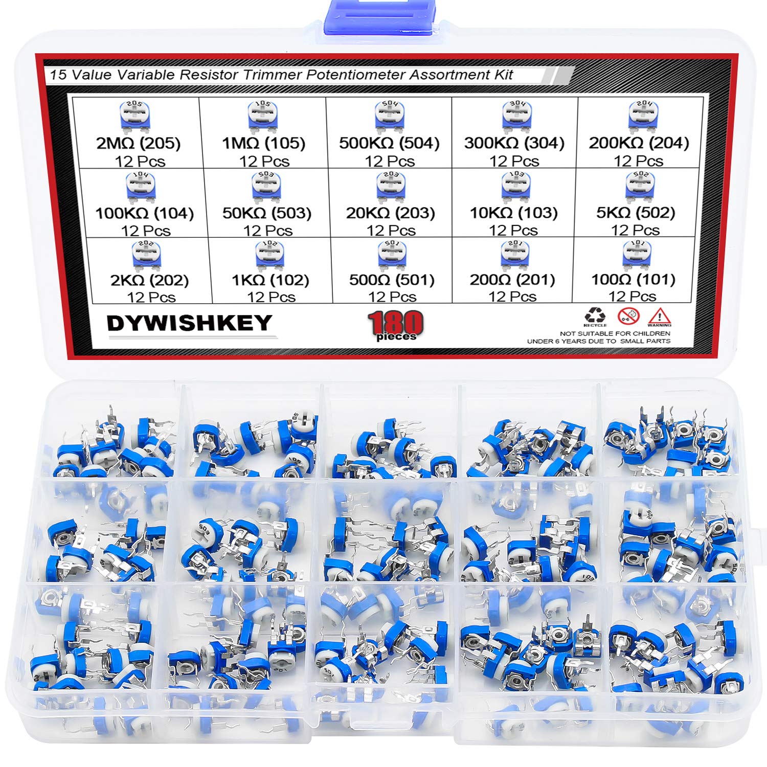 DYWISHKEY 15Value 180PCS 100 ohm- 2M ohm Trimpot Variable Resistor Potentiometer Assortment Kit