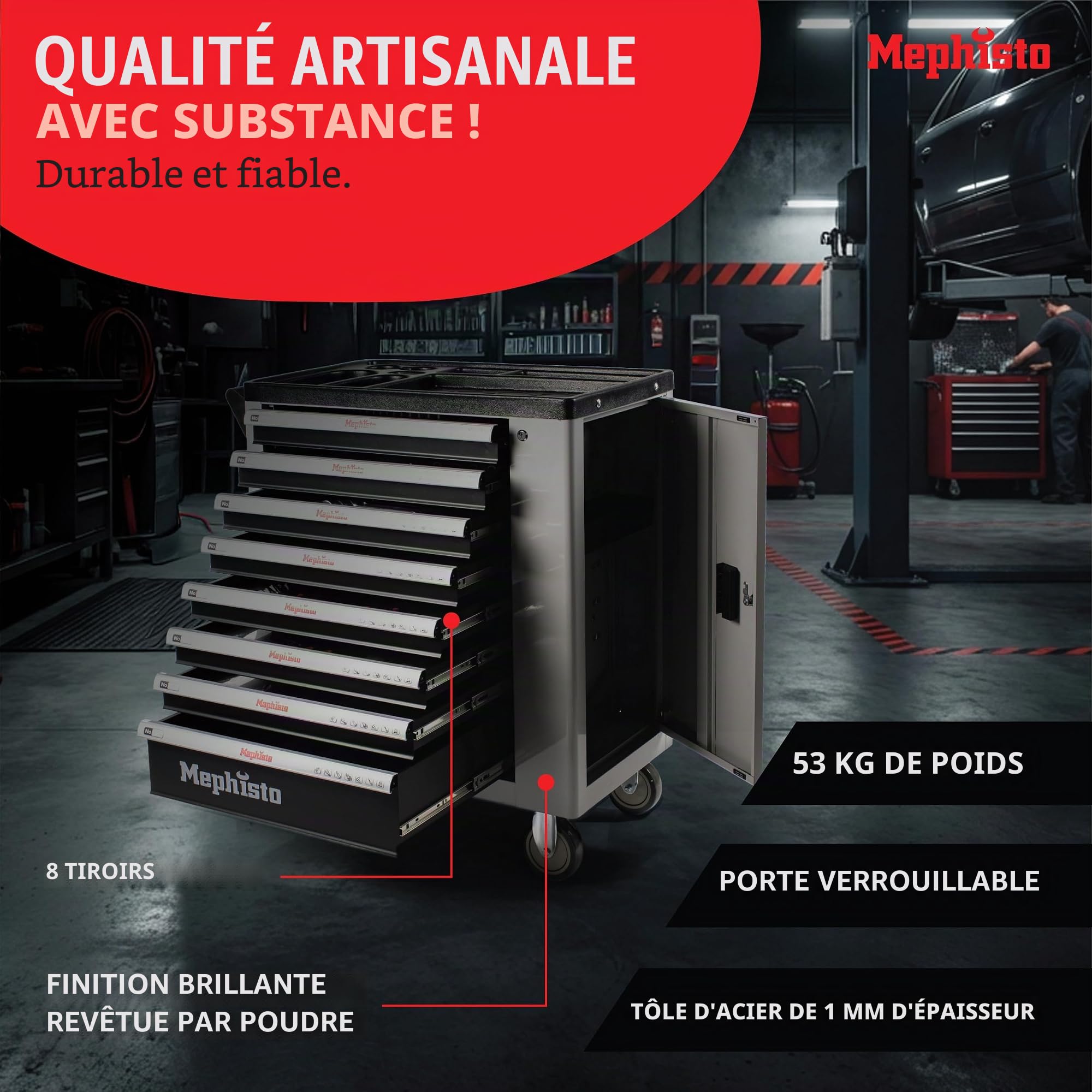 Mephisto Servante d'atelier Chariot à Outils Chariot à Outils avec 8 tiroirs sans Outils Contenu