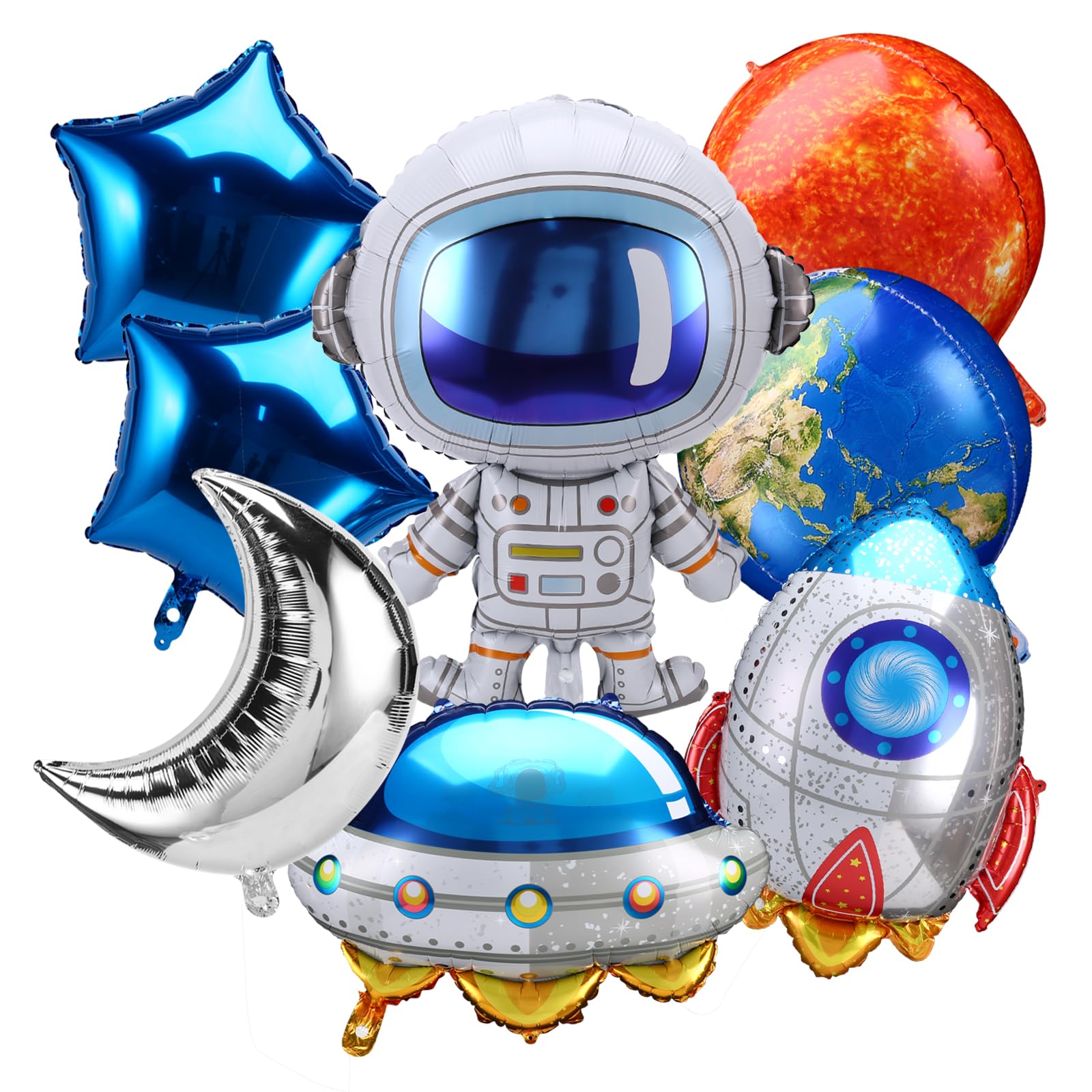 Hrhshw 8Pcs Sun,The Moon, earth,space ship,rocket balloon,2 star balloon for space birthday party decoration