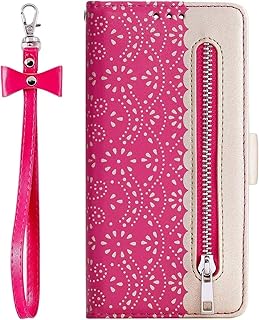 Miagon - Funda con cremallera para Samsung Galaxy S24, cartera magnética de piel sintética con encaje y correa para la muñeca, bolsillo y soporte, color rojo rosa