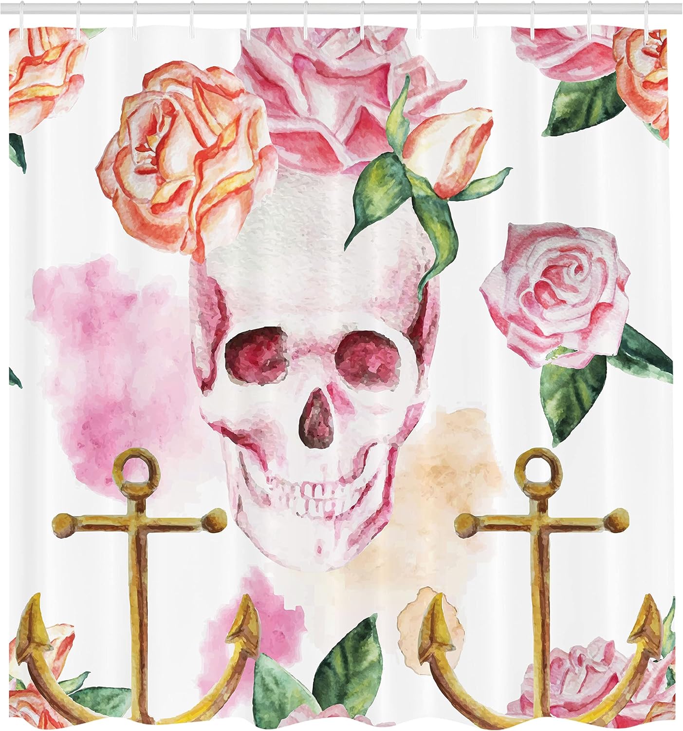 Ambesonne Skull Shower Curtain, Nautical Themed Anchor Ornament on Victorian Roses Peonies Vintage Garden Watercolor Art Design Print, Fabric Bathroom Decor Set with Hooks, 69" W x 75" L, White Brown