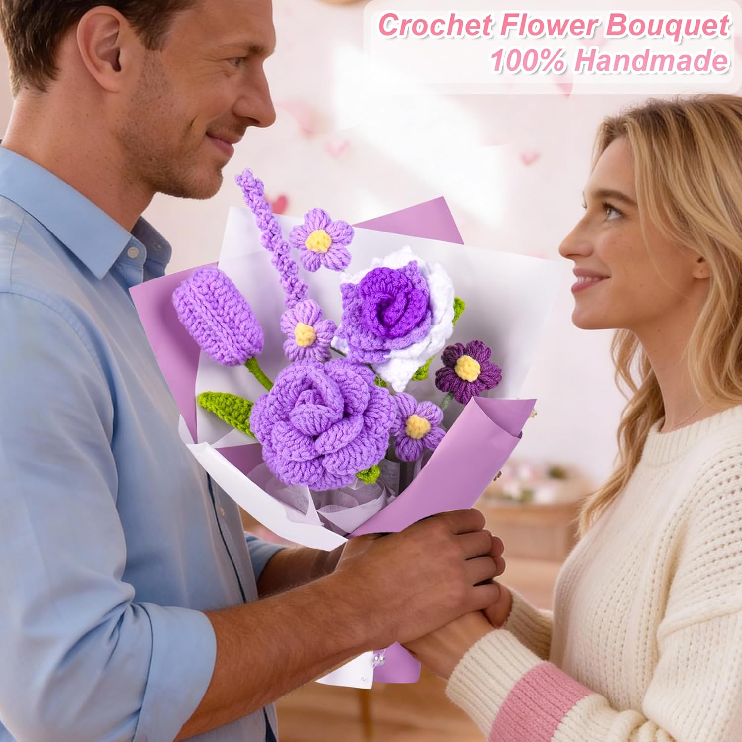 Purple Crochet Flower Bouquet, Handmade Crochet Flowers, Knitted Flowers Gift for Her, Gift for Women with Gift Box, Bag and Card - Image 2