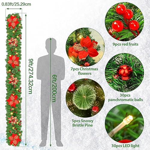Miniatura 2 de Guirnalda de Navidad artificial preiluminada de 9 pies guirnalda de vegetación decorativa con 30 luces LED cálidas, funciona con pilas para