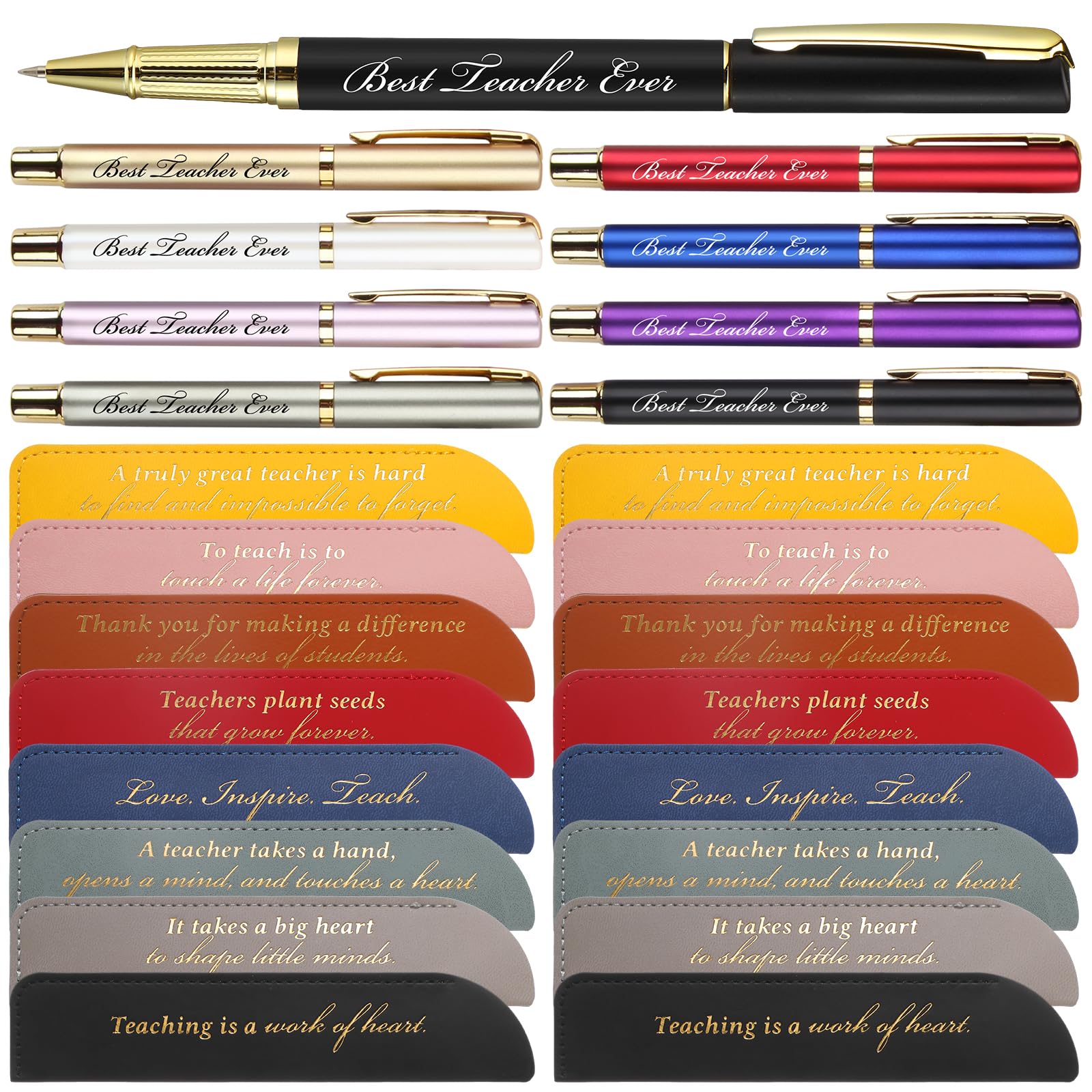 Mooliwe 16 Sets Thank You Teacher Gifts Inspirational Black Ink Ballpoint Pens with PU Leather Pouch Bag Teacher Appreciation Gifts for Thanksgiving