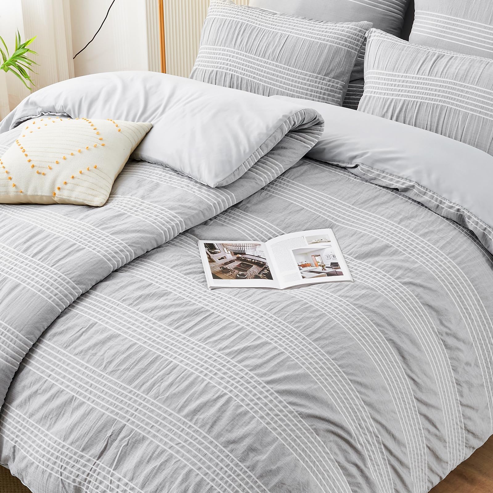 Qucover Bettwäsche 155x220cm,Seersucker Bettwäsche 4teilig Grau Mikrofaser | Bettwäsche-Sets, 2 Bettbezüge 155x220 cm + 2 Kissenbezüge 80X80 cm, Bügelfrei Kuschel Bettwäsche mit Reißverschluss