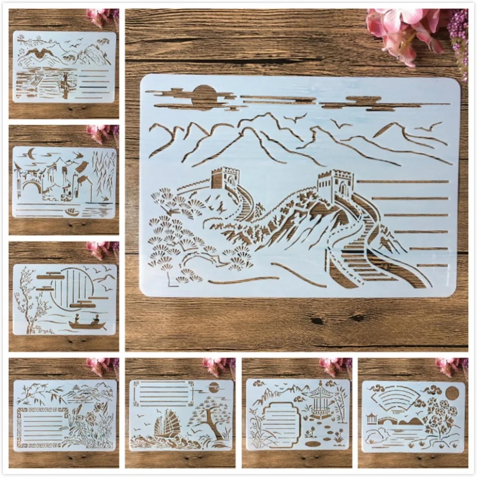 Lot de 8 pochoirs réutilisables pour peinture sur bois, format A4 chinois traditionnel La Grande Muraille pour travaux manuels, toile, papier, tissu, meubles – Pochoirs pour peinture sur murs