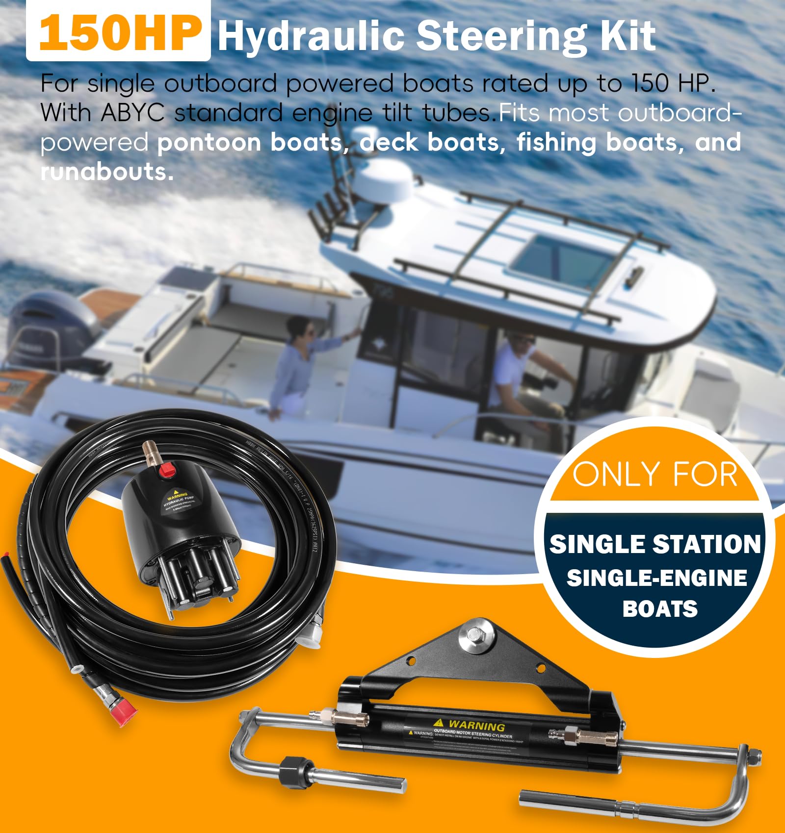 Camoo 150HP Hydraulic Outboard Steering Kit Boat Marine System, Built-in Two-Way Lock Cylinder, 26ft High-Strength Nylon Hose for for Single-Engine Use Only