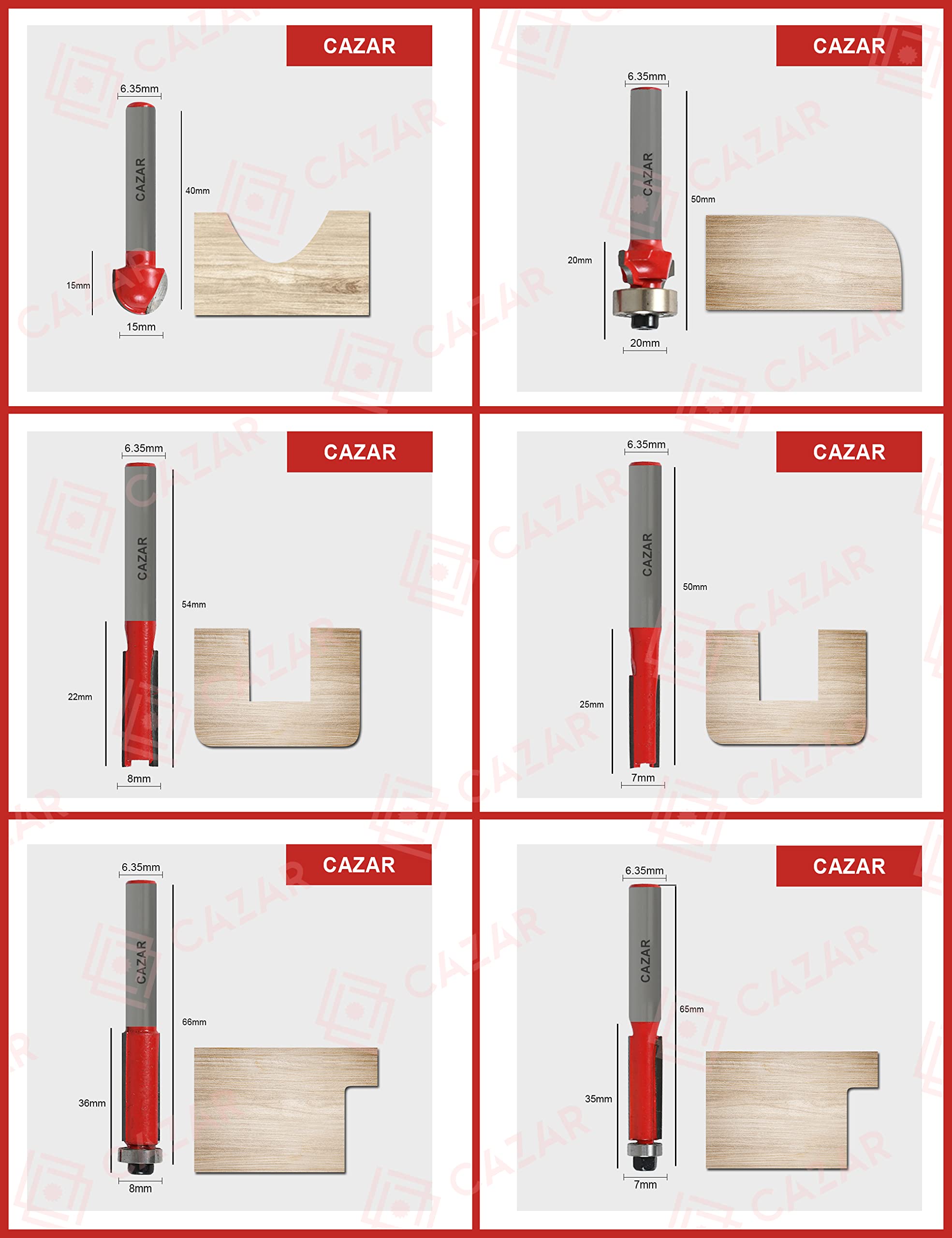 CAZAR CZ-TVS036 Variable 6-Speed Metal Body Wood Trimmer/Router (6-6.35 mm) machine with 6-Pieces Different Shaped 6.35 mm Router Bit Set, 6mm, 6.35mm and 8mm Collets, 3m long cord+Saftey Hand Gloves 4