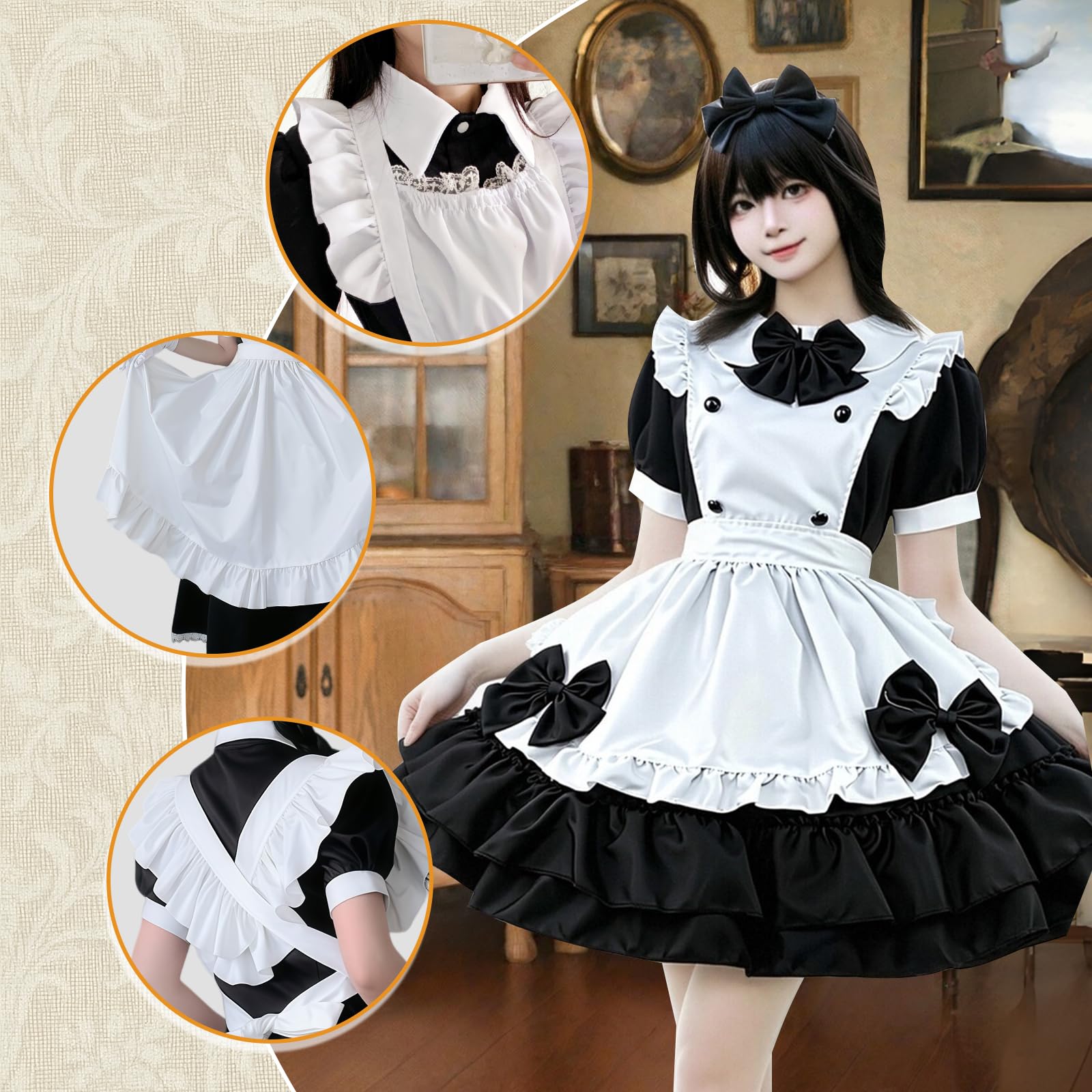 Luckyou Anime French Maid Dress Damen Maid Outfit Mit Schürze Bögen und Socken Niedliche Maid Kostüm für Karneval Halloween Mottoparty Cospaly