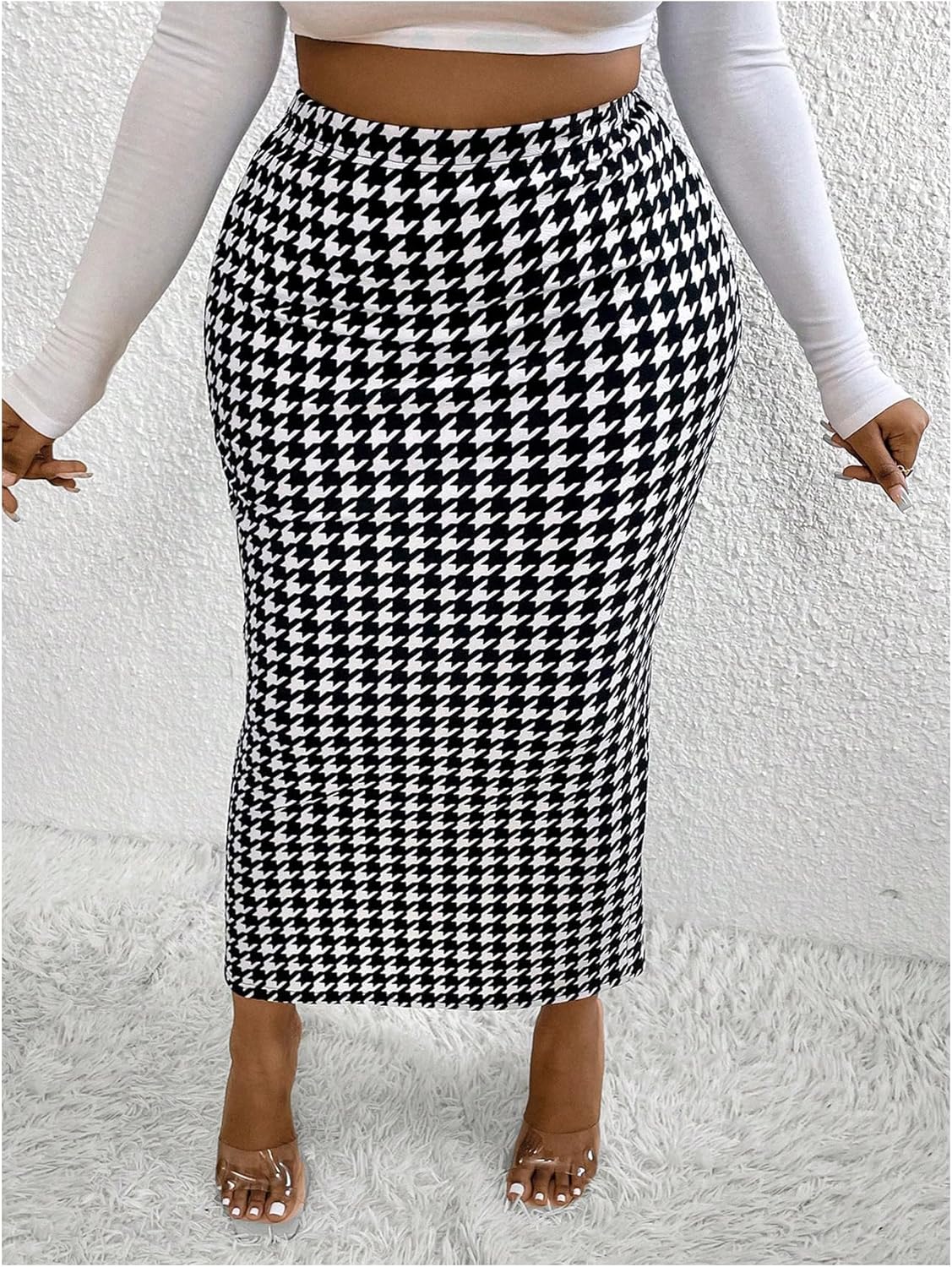 Floerns Women's Plus Size Houndstooth High Waisted Split Maxi Skirt Dressy Bodycon Skirt - Image 2