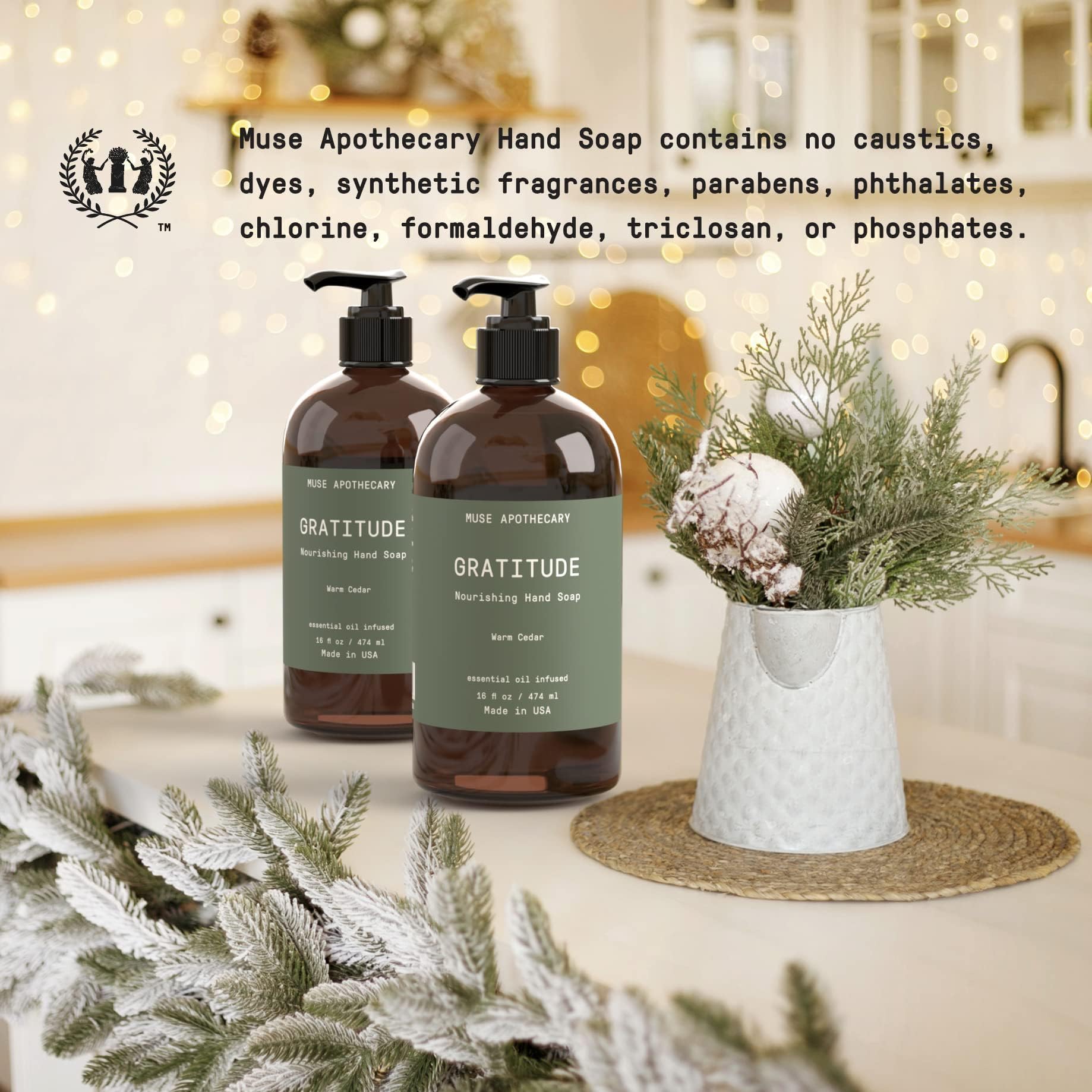 Muse Apothecary Handseife, aromatisch und pflegend, Botanische Kollektion, mit natürlichen ätherischen Ölen für Aromatherapie, 473 ml, warme Zeder, 2 Stück