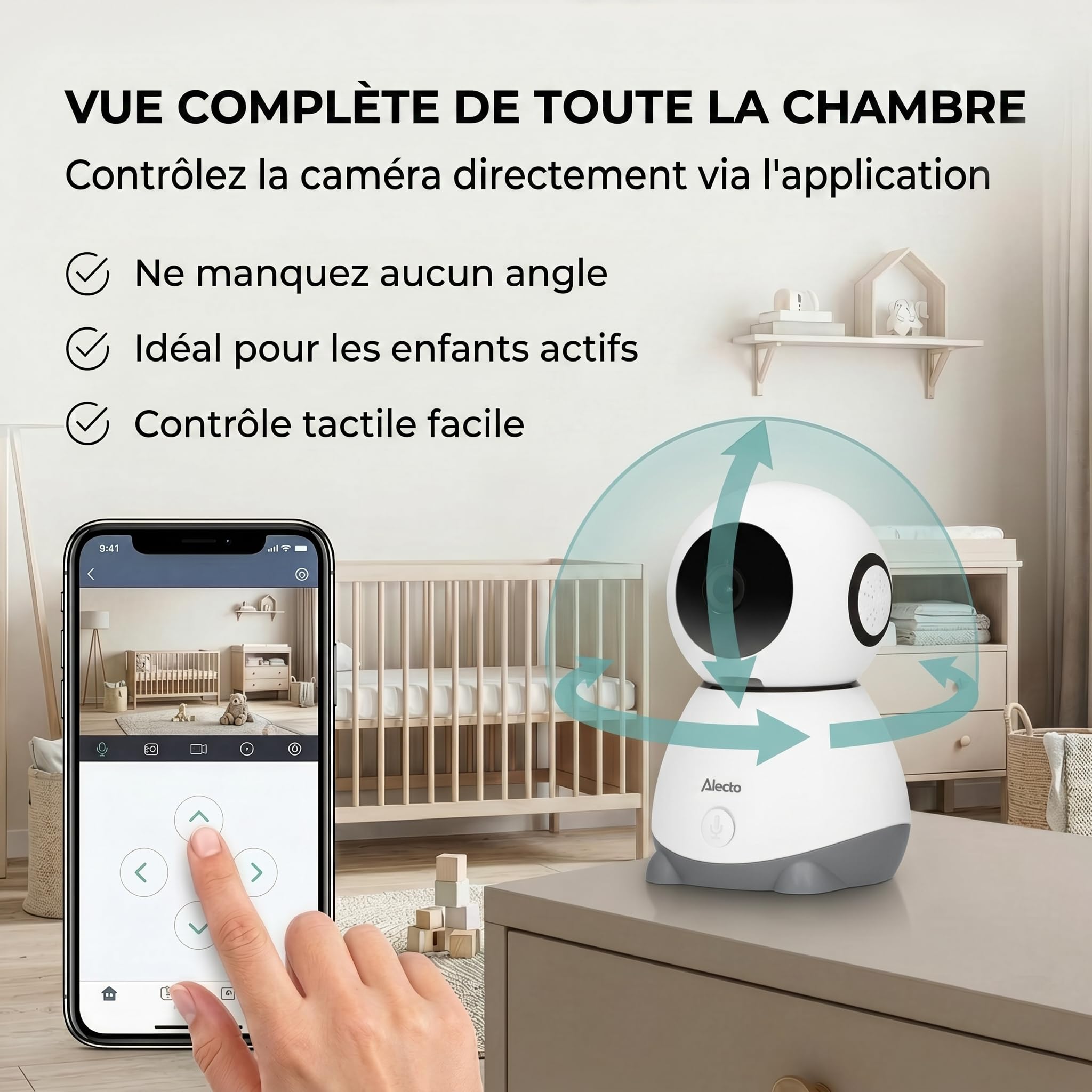 Alecto Babyphone WiFi avec caméra - Visiophone Bebe avec caméra et WLAN - SMARTBABY10 Moniteur Vidéo pour Bébé avec Vision Nocturne - Babyphone avec Interphone et Contrôlable par Application - Blanc