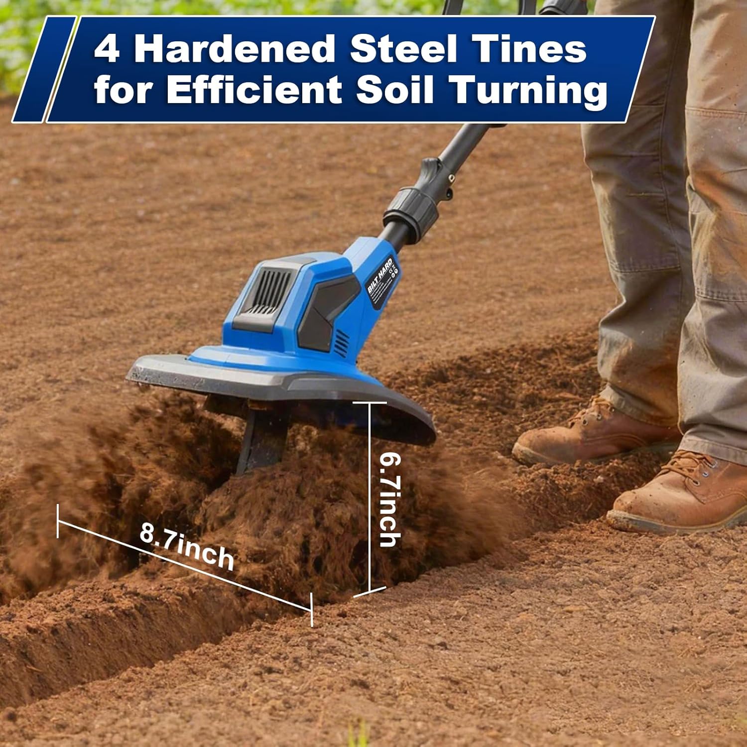 BILT HARD 20V Cordless Tiller Cultivator, 8.7'' Working Width Battery Powered Garden Cultivator, 300RPM Electric Tiller for Lawn, Gardening, Soil Cultivation (4.0AH Battery and Charger Included)