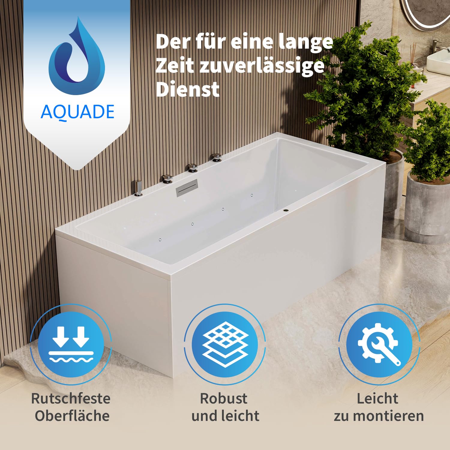 AQUADE Acryl Badewanne 180x80 Modell: Neu Ulm - Weiß Badewanne Komplettset 180x80 - Badewannen mit Wannenfüßen + Schürze + Wannenrandarmatur + Led