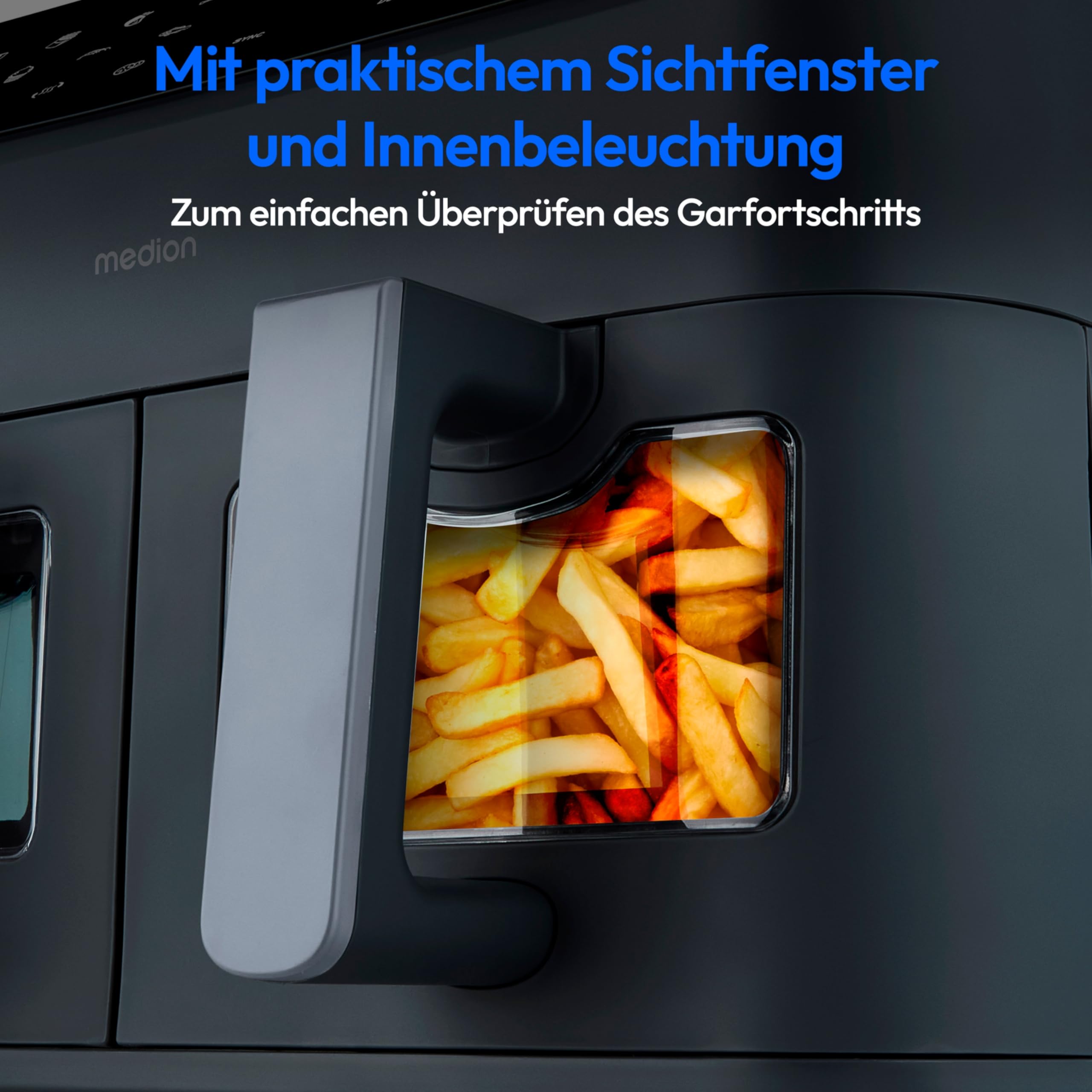 MEDION P20 XXL Heißluftfritteuse mit 2 Kammern (8,7 Liter, Airfryer, 2.600 Watt, Doppelkammer, 10 Automatikprogramme, 2 Schubladen, Sichtfenster, Dualer Airfryer, ILAG PFAS-frei, MD11760) matt grau