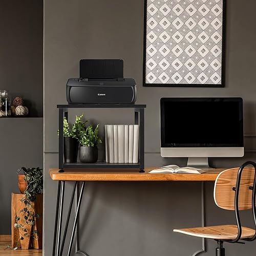 Miniatura 3 de Cakokow Soporte para impresora debajo del escritorio, mesa de impresora móvil industrial de 2 niveles con estante de almacenamiento, carrito de