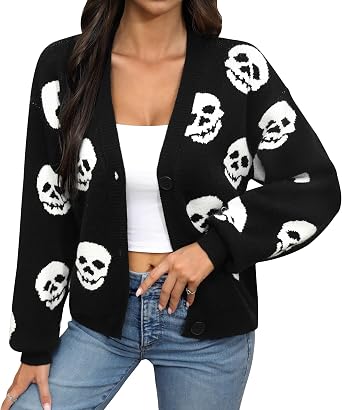 ALIREVERIE Womens Halloween Cropped Cardigan Y2K Knit Sweater Open Front