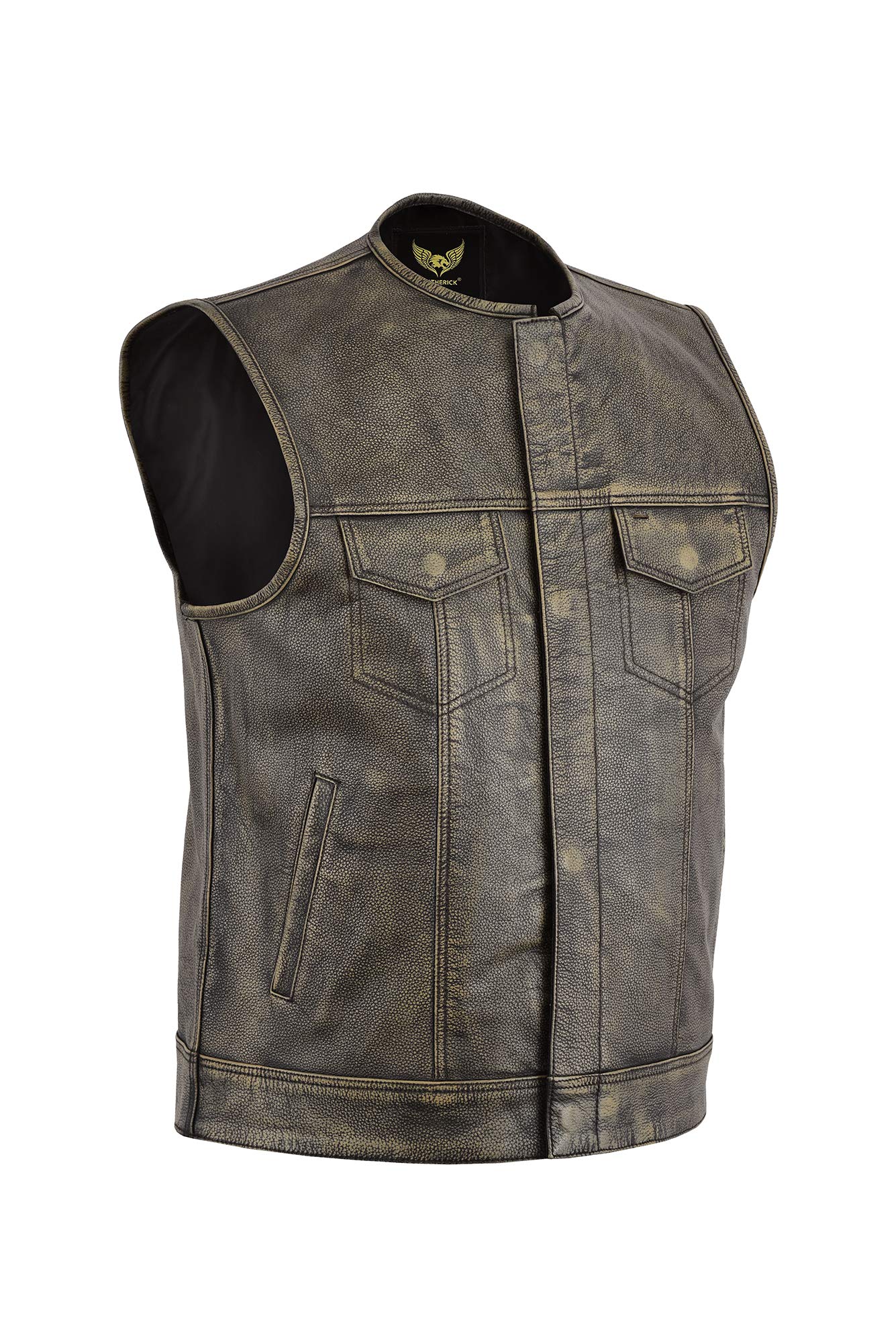 Leatherick Męska kamizelka skórzana w stylu vintage, brązowy, styl bez kołnierza, doskonały wygląd