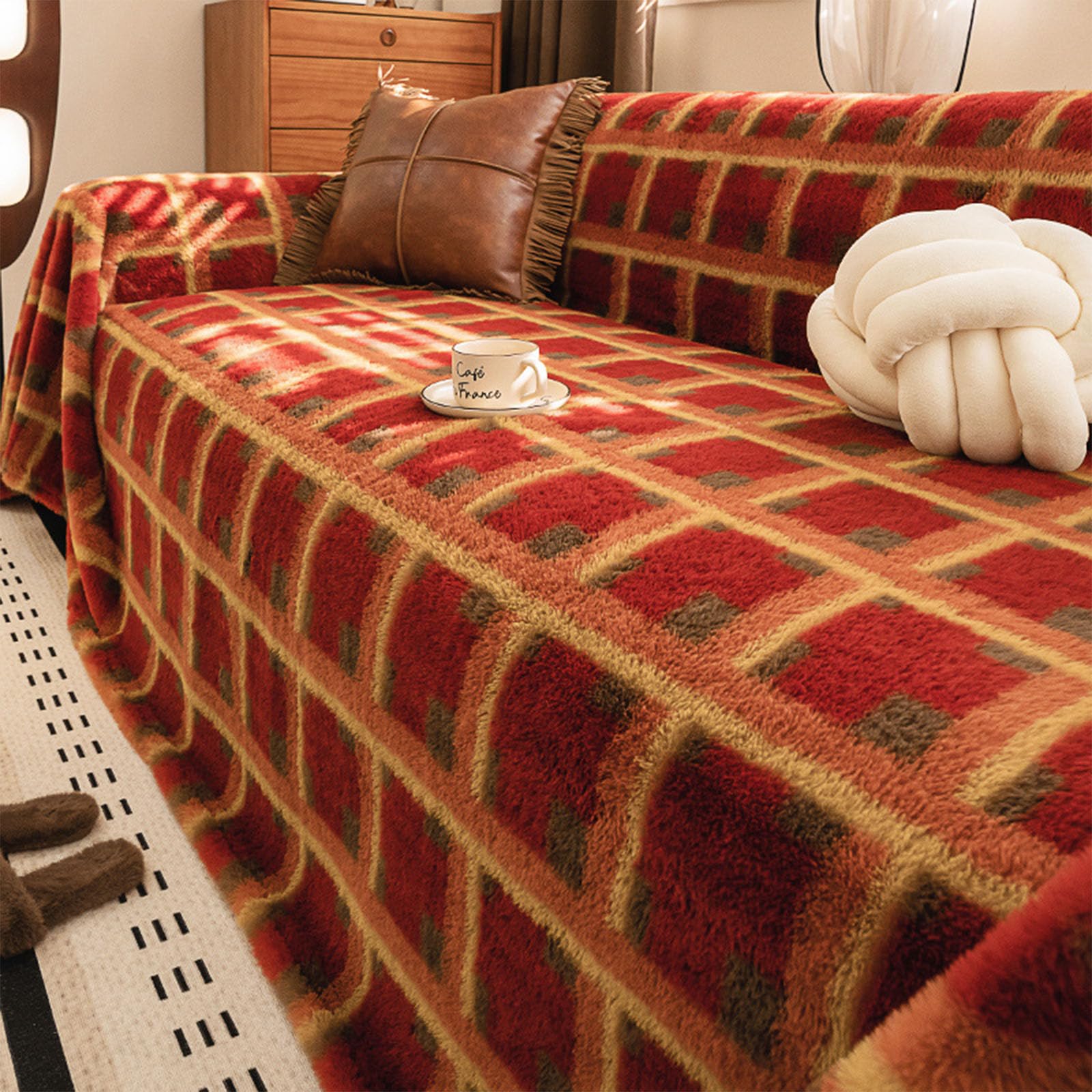 Plaid de canapé rouge 4 places couverture polaire de voyage tartan